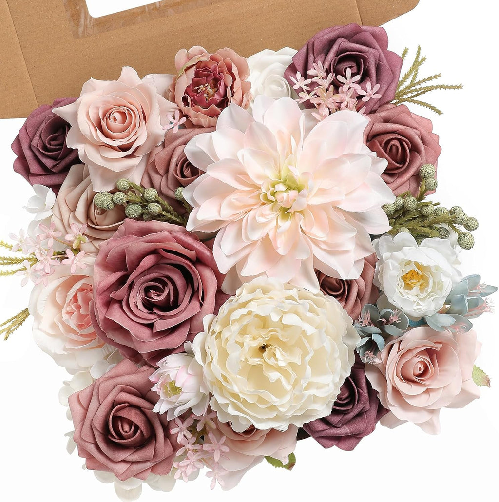 Artificial Flowers Box Set Dusty Roses Fake Silk Flowers Pink Fake Roses DIY Wedding Bridal Bouquets Baby Shower Cake Flowers Home Decoration