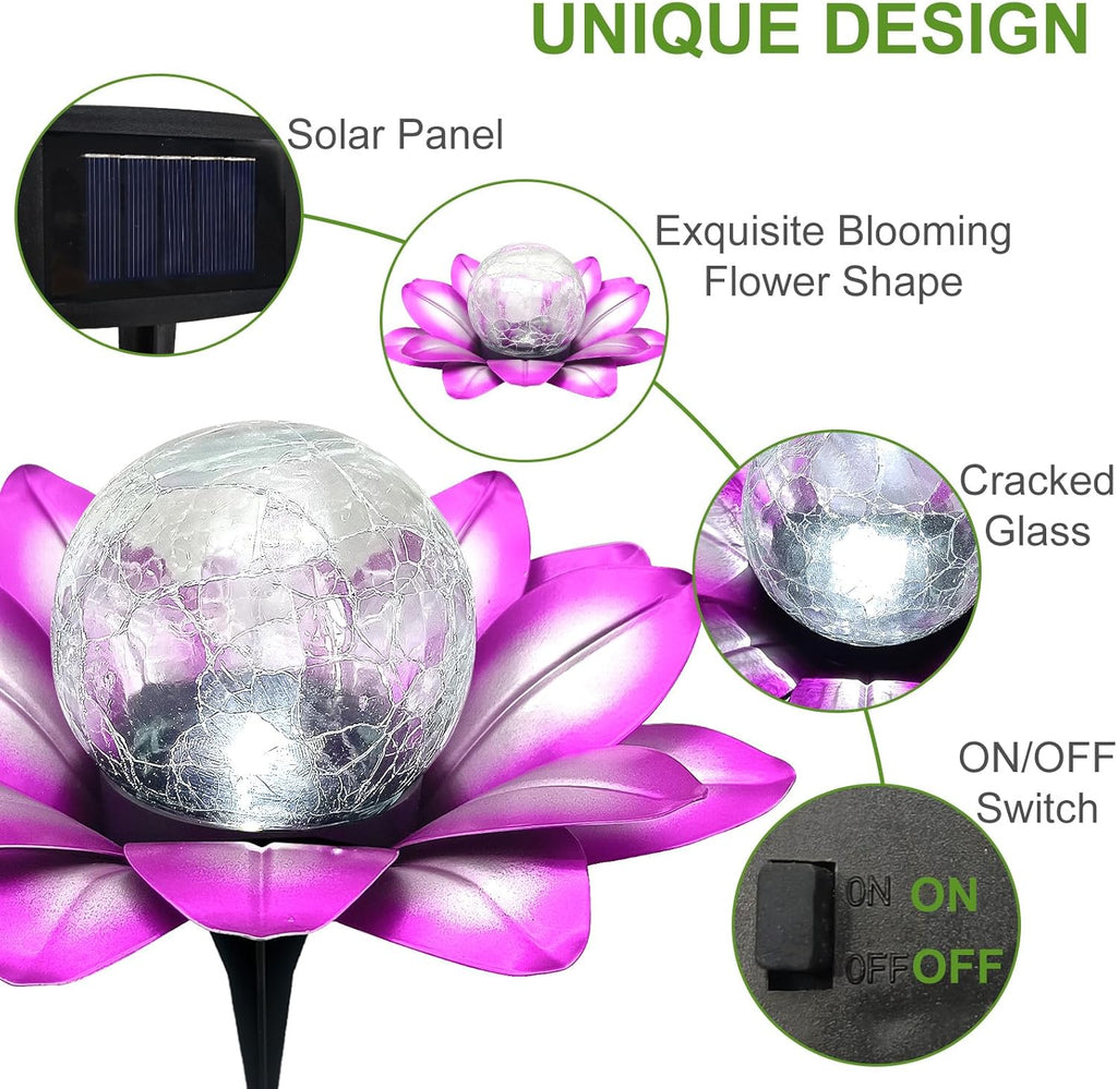 LEWIS&WAYNE Solar Garden Lights Outdoor, 3 Pcs Purple Lotus Flower Pathway Lamps with Cool White Crackle Glass Globe Led Lights for Patio Pathway Yard Balcony Garden Decorations