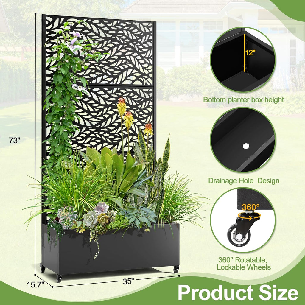 Raised Garden Bed with Trellis and Wheels,73"x35"x16" Metal Raised Garden Bed,Black Flowing Leaf Metal Planter with Climbing Trellis for Vines & Vegetables