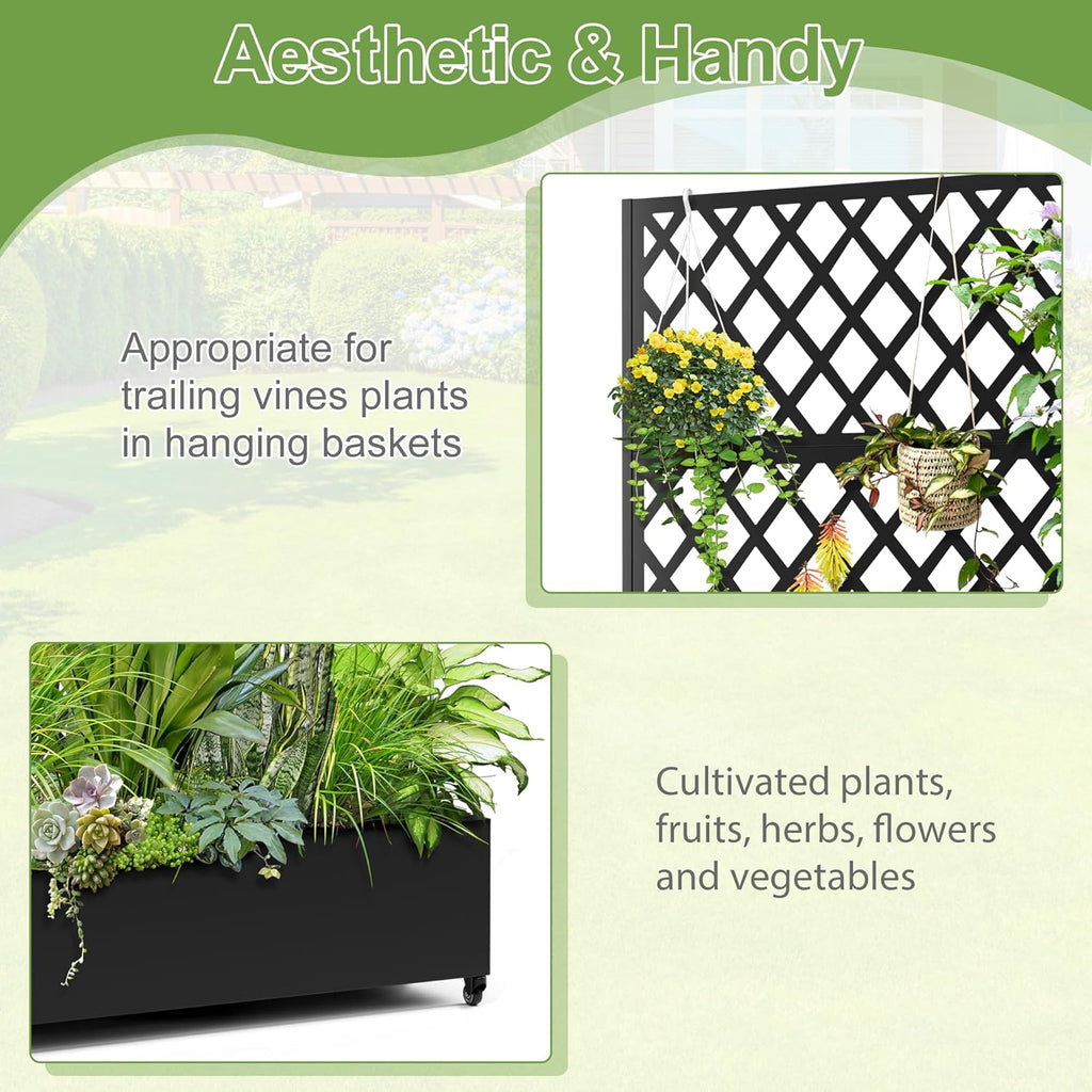 Metal Planter Trellis Box with Wheels & Drain Plug Outdoor Raised Garden Bed Patio Privacy Screen with Planter for Climbing Plants, Vegetables 73"x47"x16" Black-Diamond