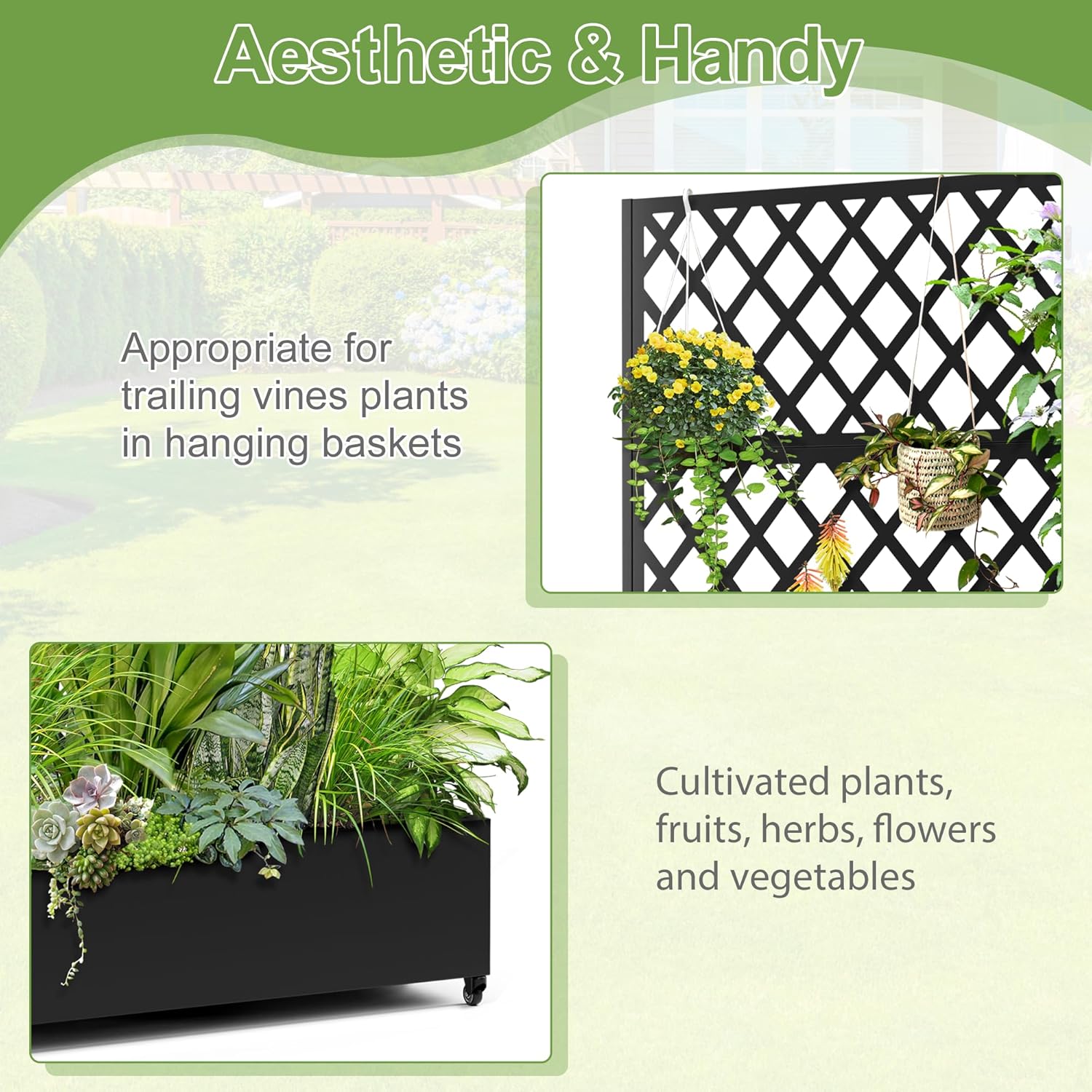 Metal Planter Trellis Box with Wheels & Drain Plug Outdoor Raised Garden Bed Patio Privacy Screen with Planter for Climbing Plants, Vegetables 73"x47"x16" Black-Diamond