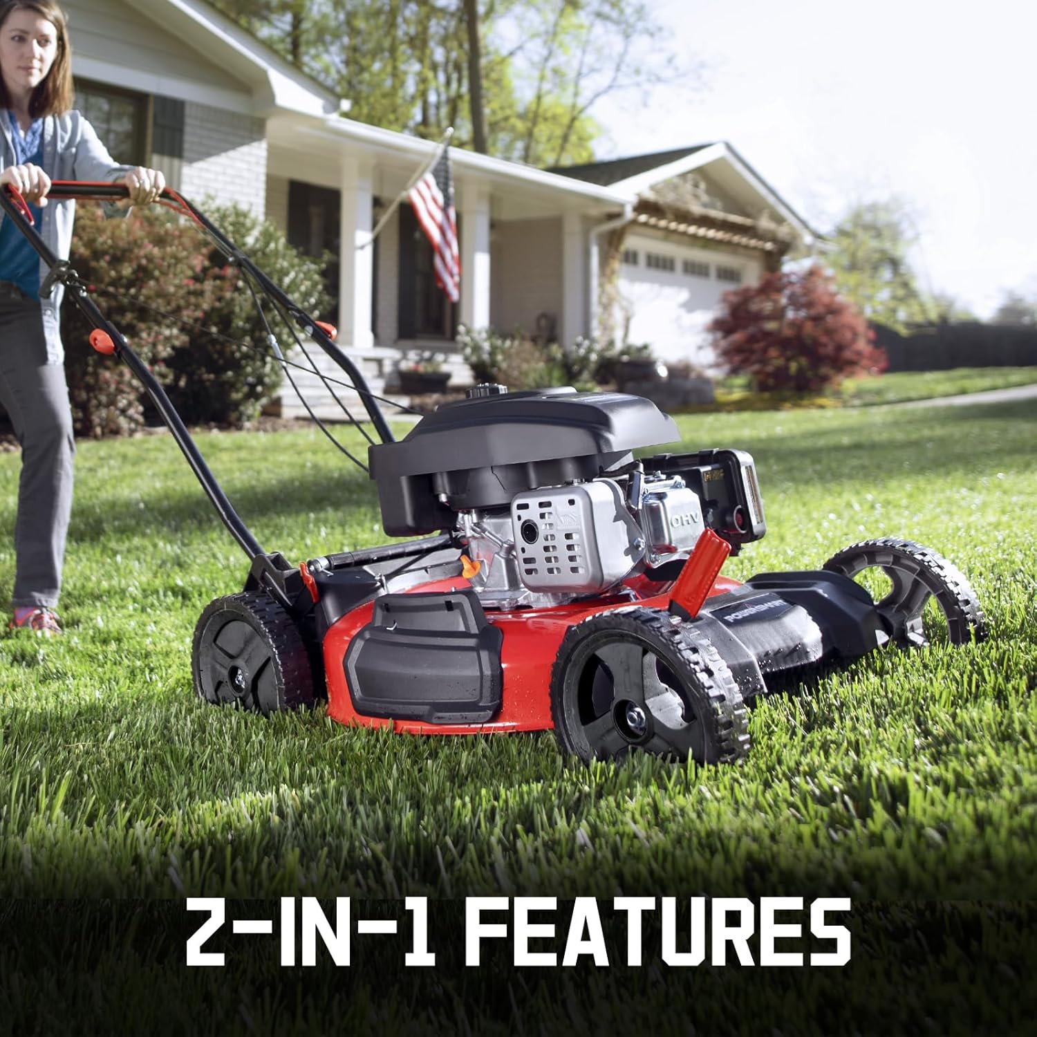 PowerSmart 21 in. Gas Lawn Mower with 144cc OHV Engine, 2-in-1 Push Mower with Mulching & Side-Discharge