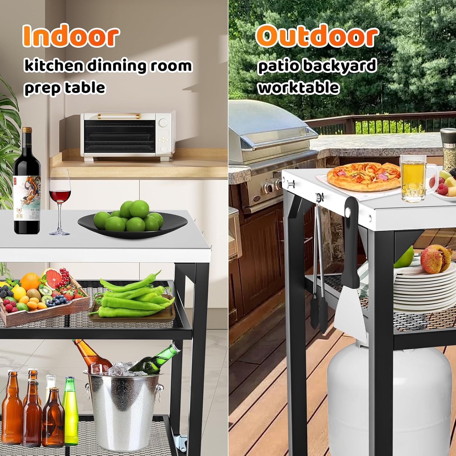 Pizza Oven Table for Ooni, Ninja, Woodfire, Blackstone, Bighorn, Cuisinart, Outdoor Grill Table for Ooni Pizza Oven Accessories, Movable Pizza Oven Stand as Food Prep Cart