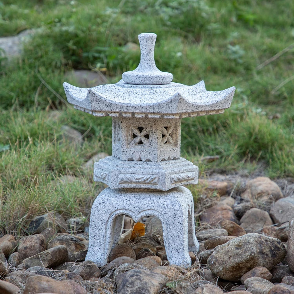 Generic Five Pieces Stone Japanese Lantern, Light Gray, Water Resistant, Granite, 16 inches H x 12.2 inches W x 12.2 inches D, Garden Decoration, Outdoor Lantern