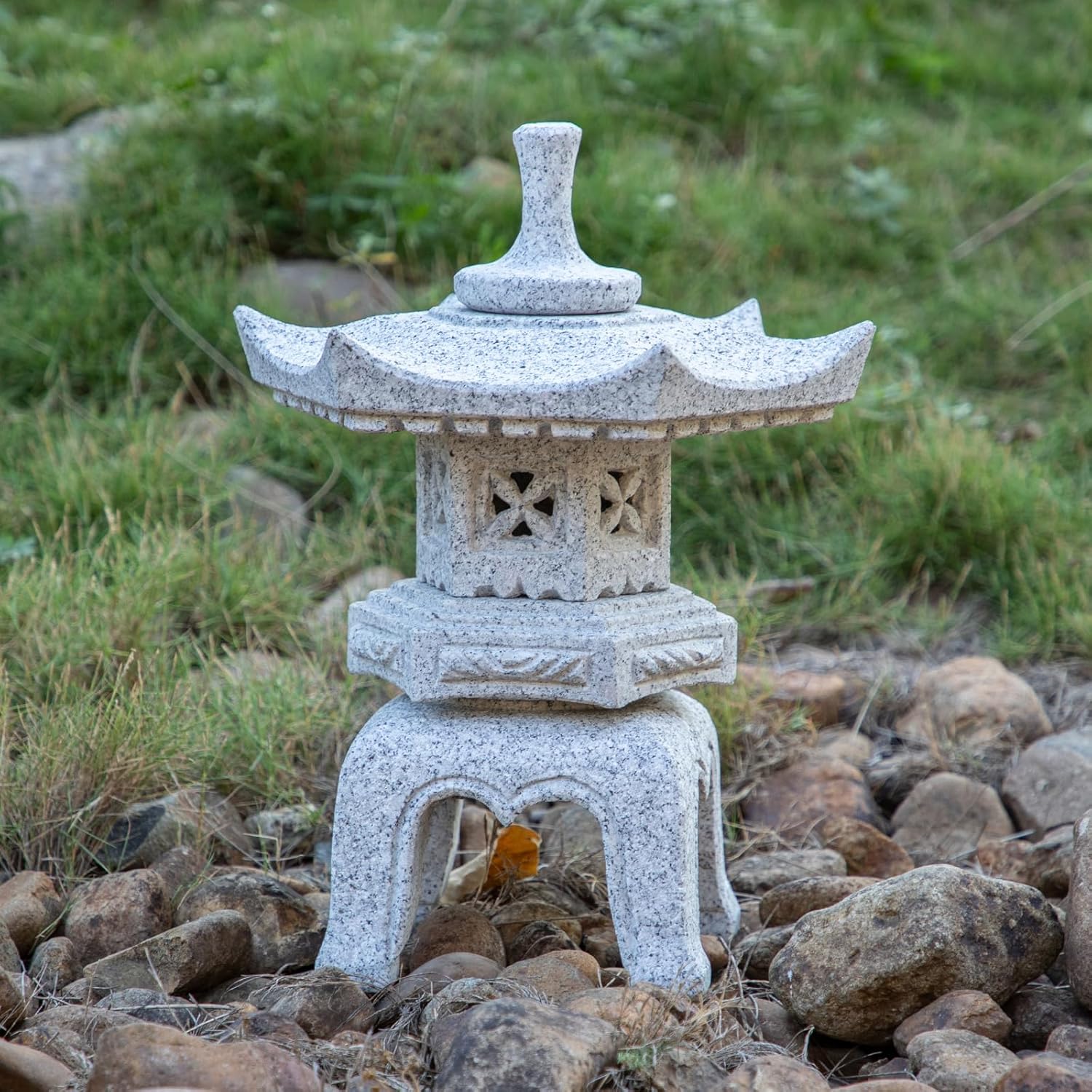 Generic Five Pieces Stone Japanese Lantern, Light Gray, Water Resistant, Granite, 16 inches H x 12.2 inches W x 12.2 inches D, Garden Decoration, Outdoor Lantern