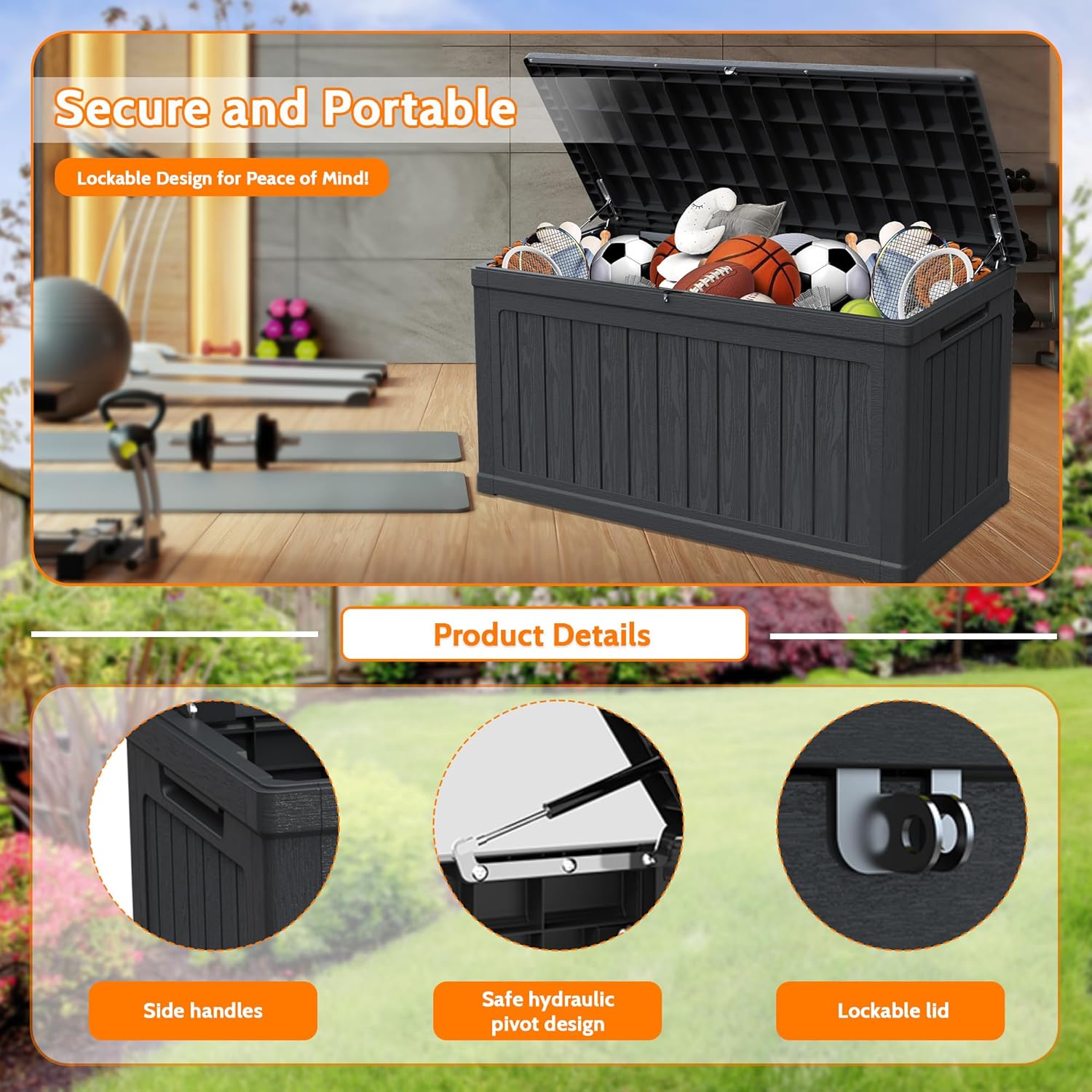 260 Gallon Double-Wall Resin Deck Box - Lockable Waterproof Outdoor Storage Box, 1000lbs Capacity & Doubles as Seating for Patio Furniture - Garden Tools, Pool Accessories (Black)