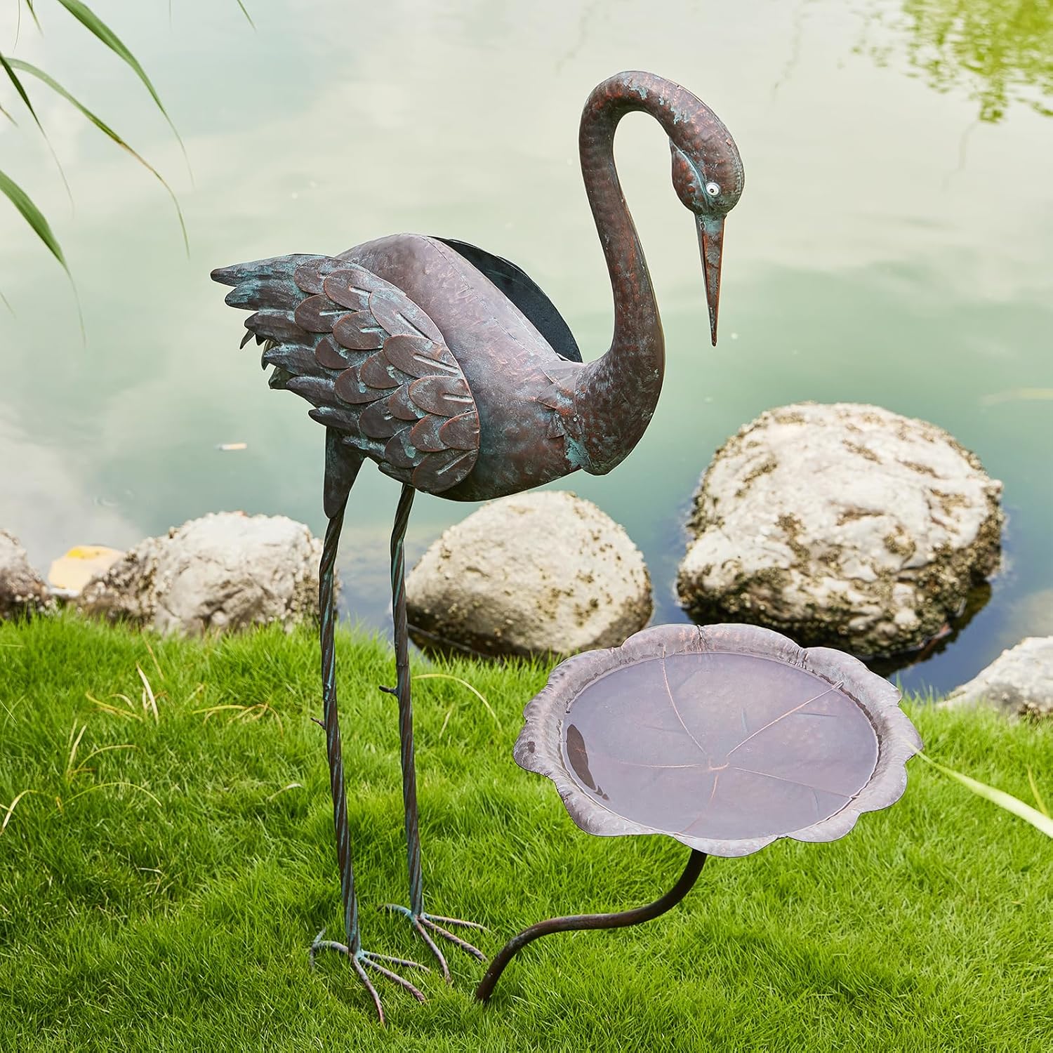 36’’H Crane Bird Bath, Metal Bird Baths for Outdoor, Birdbath for Outside Bird Feeder, Heron Garden Statues Decor