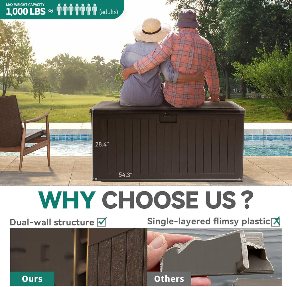 YITAHOME 150 Gallon Double-Wall Deck Box with Side Handles, Outdoor Large Storage for Patio Furniture Cushions, Garden Pool Accessories, Water Resistant & Lockable