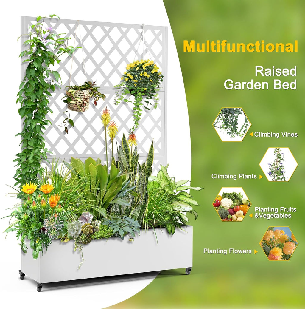 FENCY Metal Planter Box with Diamond Lattice Trellis Planter Box for Climbing Plants/Vines, Galvanized Raised Garden Bed On Wheels, Garden Bed with Trellis(73"x47" White)