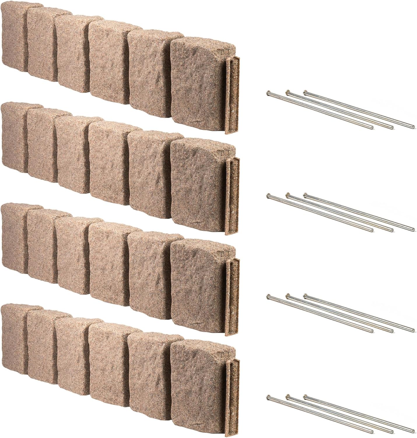 Beuta Landscape Edging | Garden Edging Border | Faux Stone Block XL for Lawn Edging, Flower Beds & Yard Edging – 4 Pack | Each Section Has 6 Blocks 48" L x 4" W x 9.5" H | 12 Spikes | Sandstone