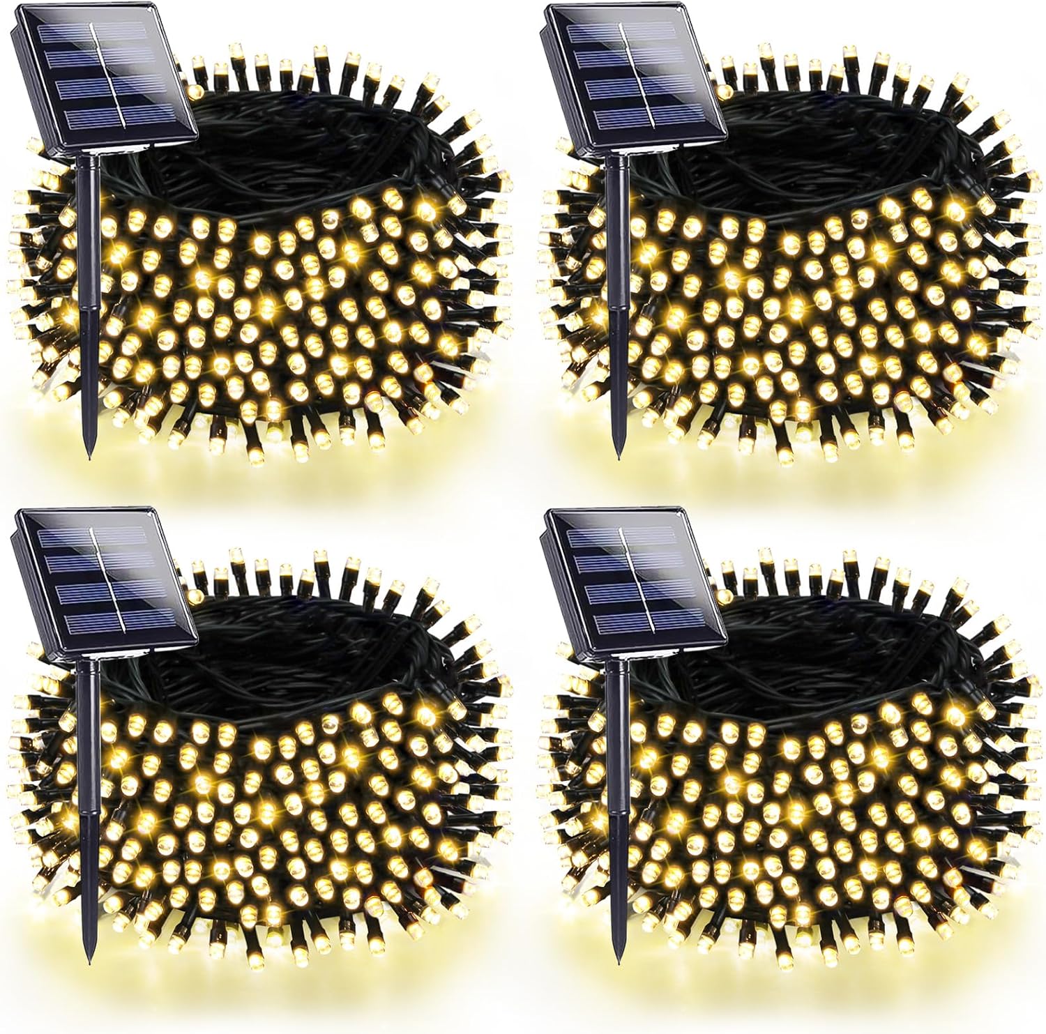 4 Pack 180FT Solar String Lights for Outside, Super Bright 320 LED Solar Light Outdoor Waterproof with 8 Modes, Green Wire Solar Twinkle Fairy Lights for Xmas Tree Party Yard Decorations (Warm White)