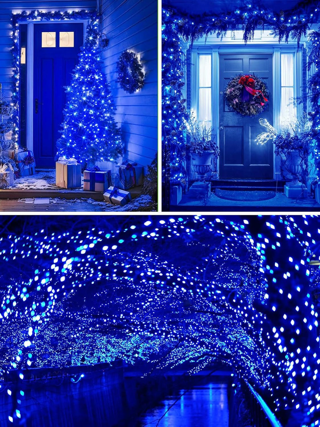 Solar Christmas Lights Outdoor Decorations Waterproof, Tatal 4 Pack 400LED 132FT Blue Solar String Lights Green Wire with 8 Modes, Christmas Fairy Light for Xmas Tree Party Wedding Yard Garden Decor