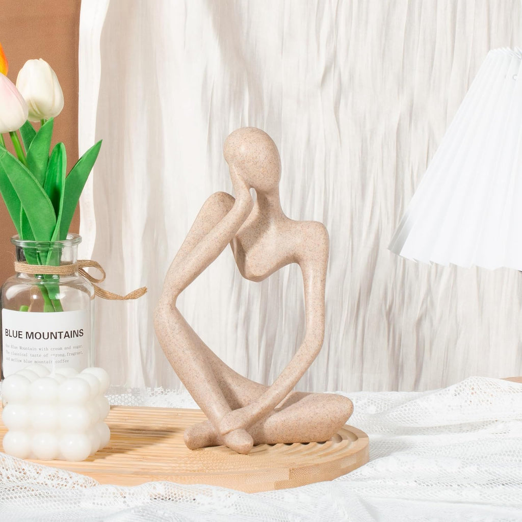 INNOLITES Boho Decor Thinker Statue Abstract Art Sculpture, Sandstone Resin Collectible Figurines for Home Living Room Office Shelf Decoration (Sandstone Left)