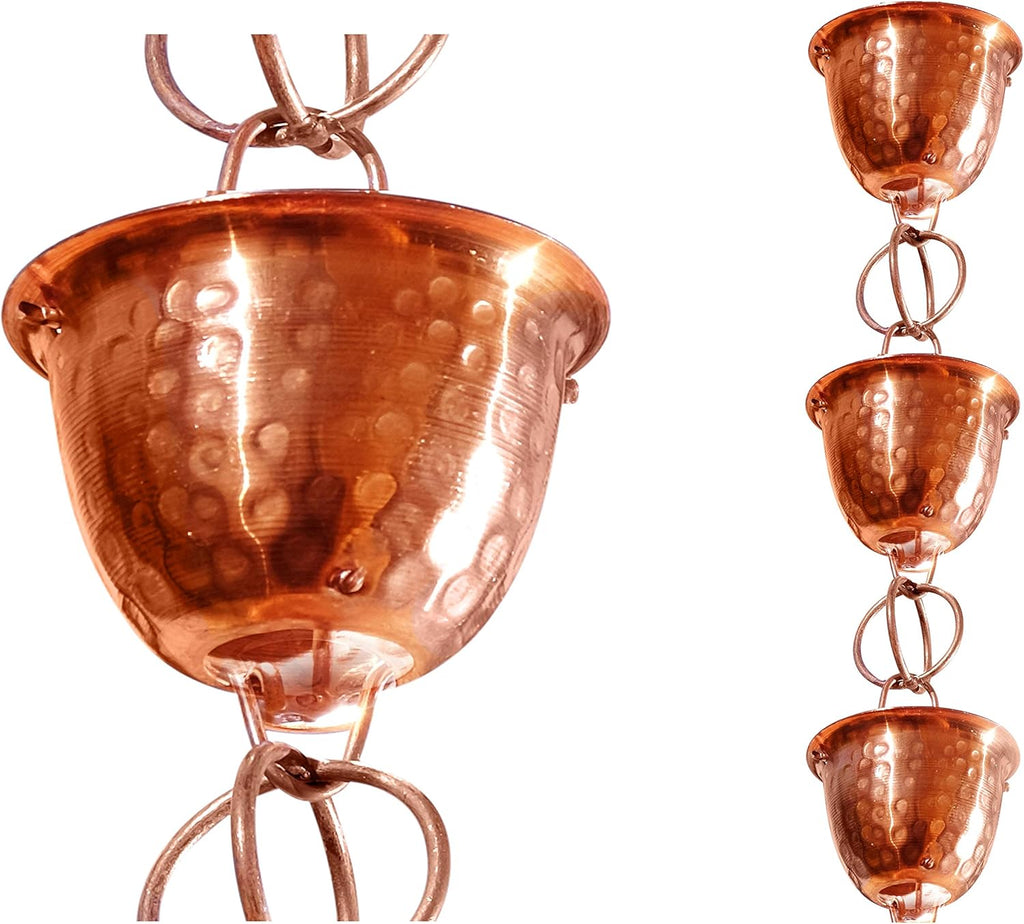 Monarch Rain Chains Pure Copper Hammered Cup Rain Chain Extension, 3 ft Copper Decorative Rain Catcher Chain for Gutters, Rain Gutter Extension Downspout