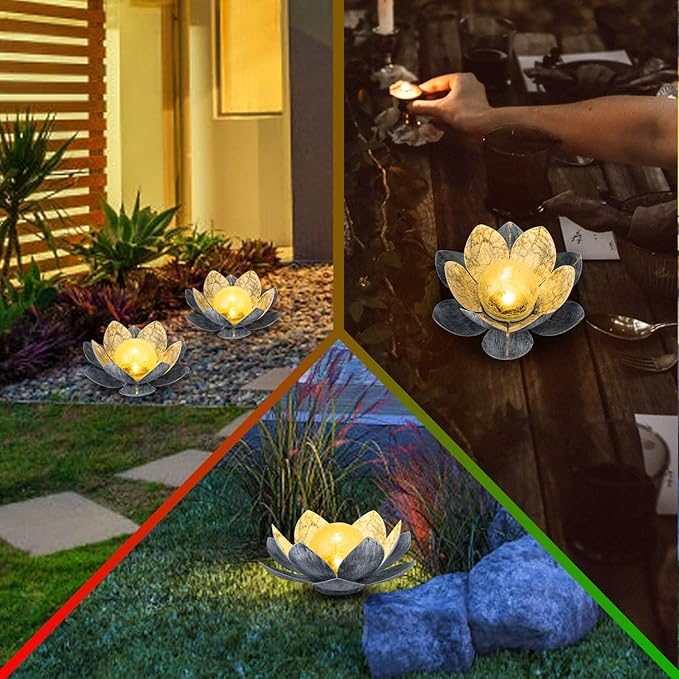 Garden Solar Light Outdoor(2Pack), Amber Crackle Globe Glass Lotus Decoration, Waterproof Gary Metal LED Flower Lights for Patio,Lawn,Walkway,Tabletop, Garden Gifts for Women