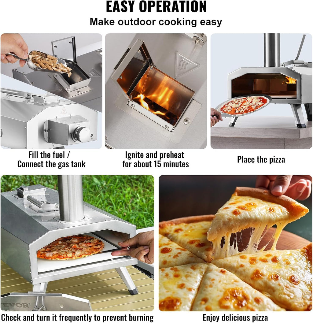VEVOR Dual Fuel Pizza Oven Outdoor, 12 Inch Wood Fire & Propane Gas Pizza Oven, Pellet & Propane Pizza Maker with Thermometer, Foldable Leg, Stainless Steel Pizza Cook for Outside Camping & Backyard
