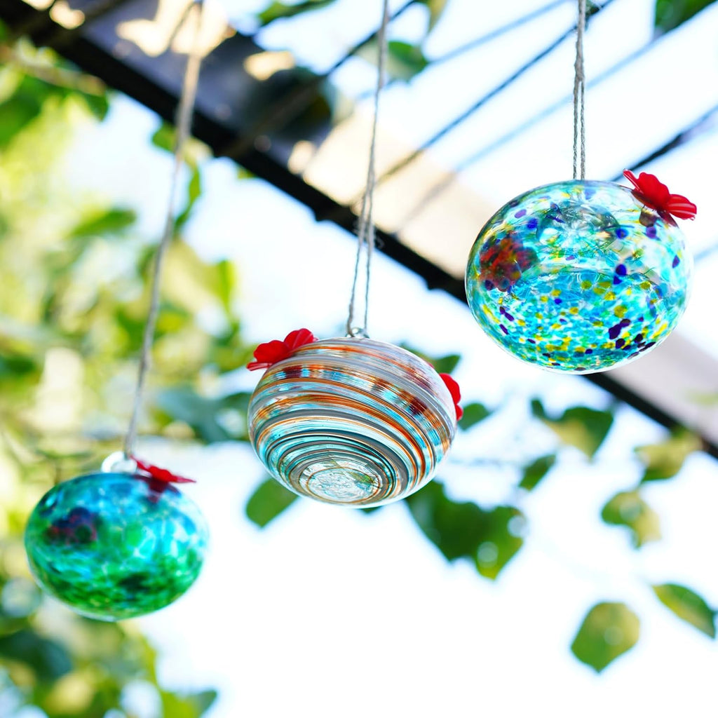 3PCS Small Glass Hummingbird Feeders for Outdoors Hand Blown Glass Humming Bird Feeder for Window Hanging Ant and Bee Proof Humming Birds Feeders