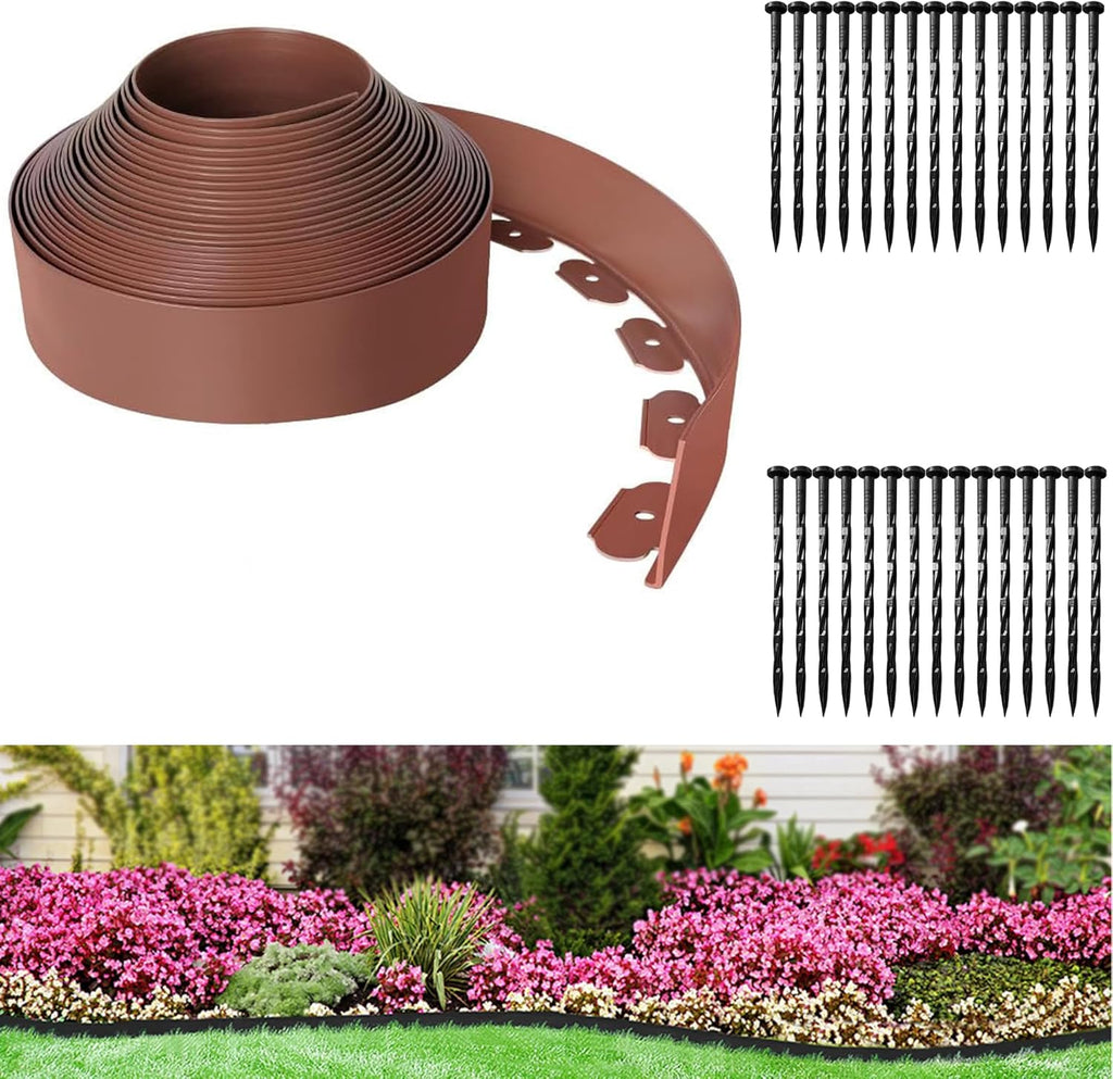 Landscape Edging Coil 33 FT, 4 Inch Tall Garden Edging Border Flexible Lawn Edging Kit with 30 Spikes, Plastic Edging for Landscaping Flower Beds Yard Pathway Paver Edging (4IN x 33FT, Brown)