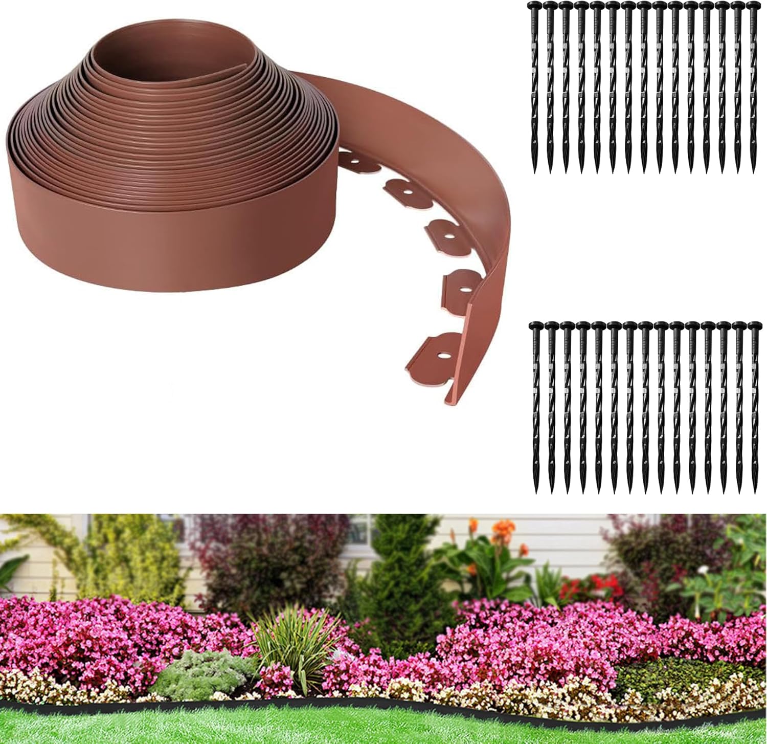 Landscape Edging Coil 33 FT, 4 Inch Tall Garden Edging Border Flexible Lawn Edging Kit with 30 Spikes, Plastic Edging for Landscaping Flower Beds Yard Pathway Paver Edging (4IN x 33FT, Brown)