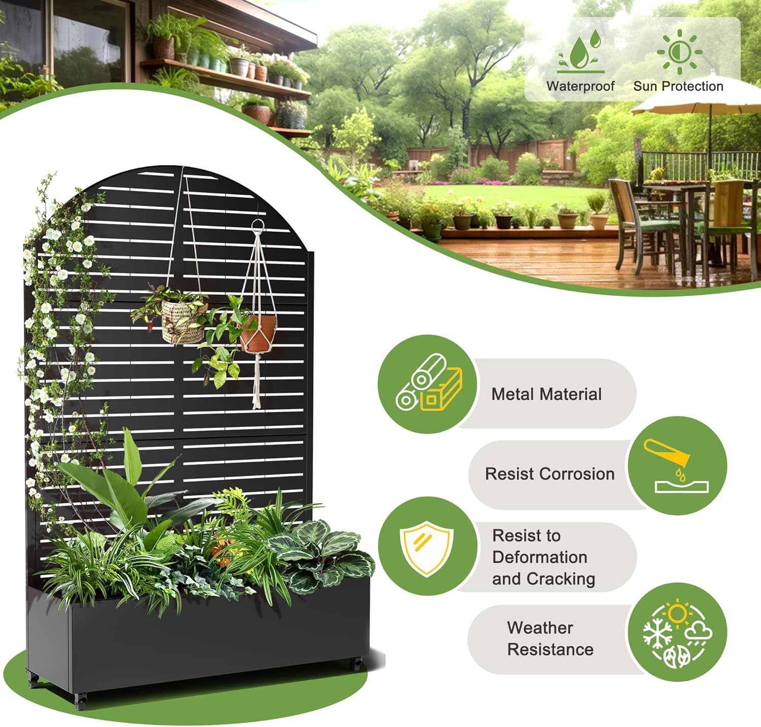 FENCY Metal Raised Garden Bed with Wheels and Trellis,Arched 73"x47"x16" Planter Box for Climbing Plants, Vegetables & Vines, Features Privacy Screen and Drainage Holes (Black-Louvered)