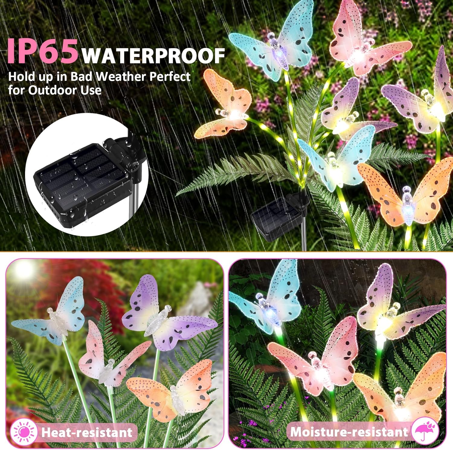 Solar Lights Outdoor Decorations Waterproof Newest Solar Garden Lights with Glowing Stems, 7-Color Changing Butterfly Flower Light for Outside Yard Pathway Garden Decor, Gift for Mother,2Pack