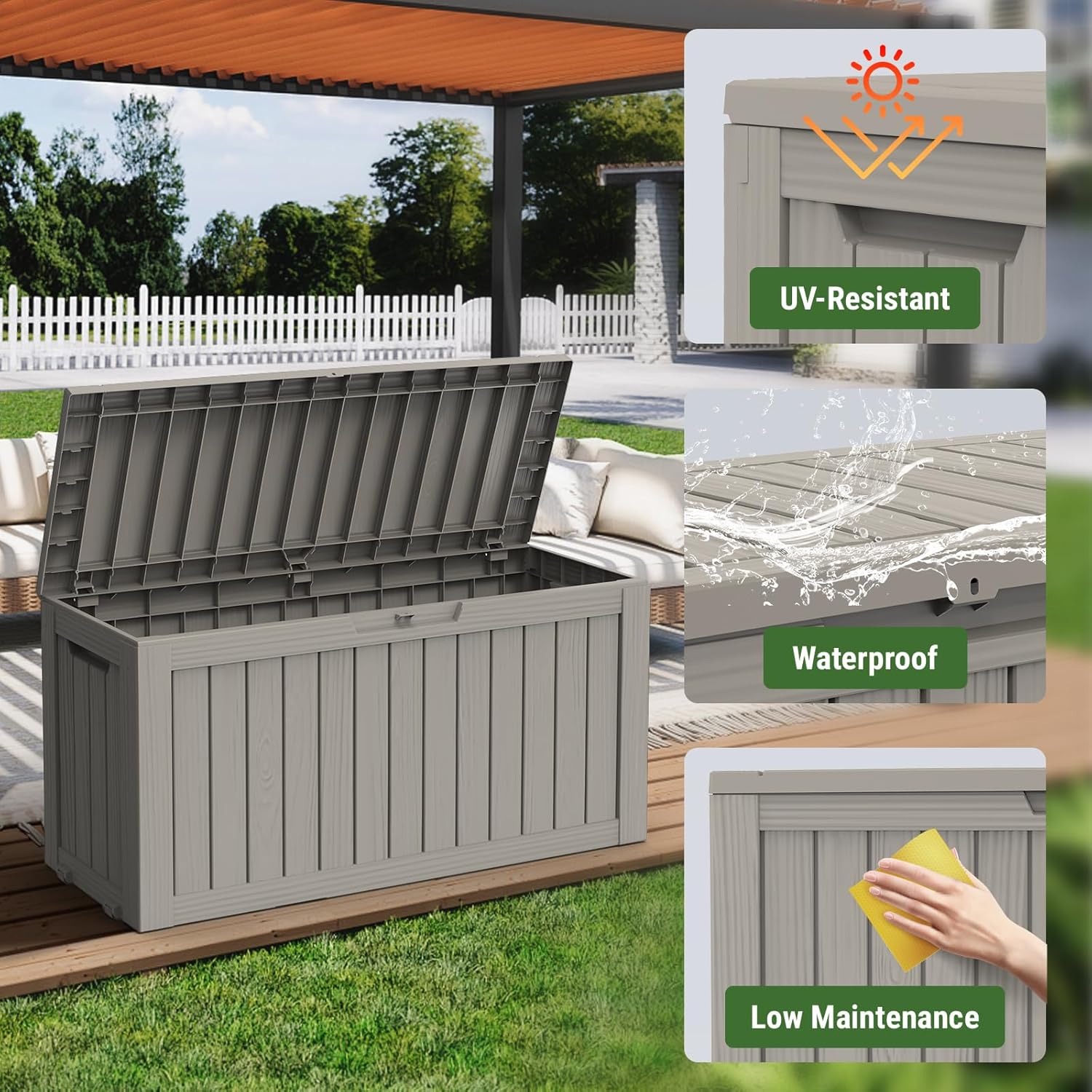 Mars Villa 72 Gallon Deck Box, Outdoor Storage Box Waterproof, Outside Resin Storage Bin for Patio Furniture Cushions, Pool Supplies, Garden Tools, UV-Resistant and Weatherproof, with 4 Wheels, Greige