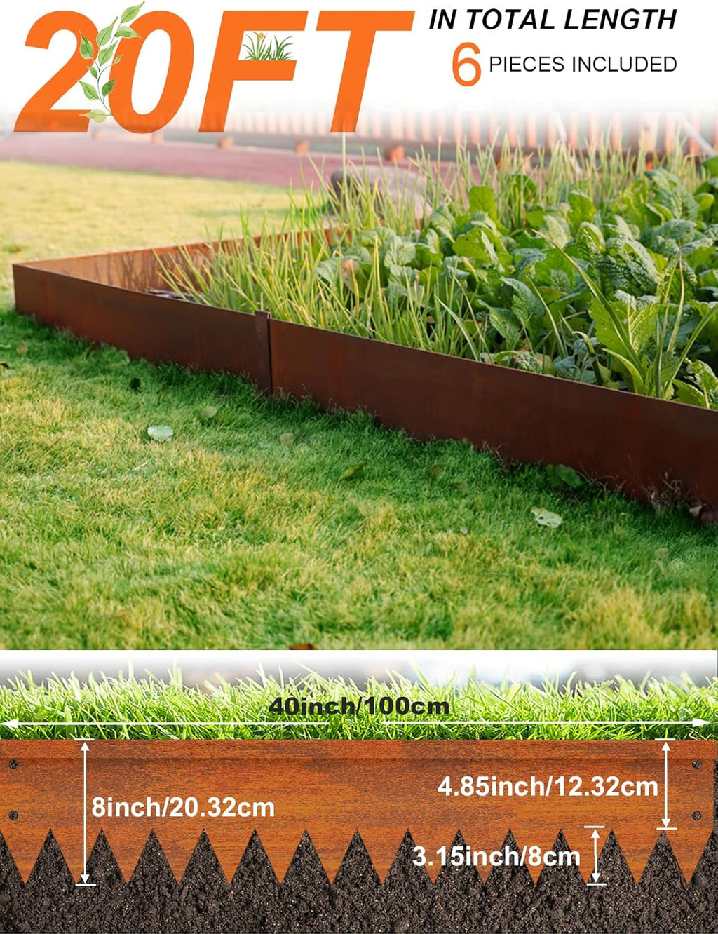 Vinci Landscape Edging Border, 40" L x 8" H 6Pack 20FT Total Rusted Corten Steel Garden Edging with Spikes, Sturdy Elegant Metal Lawn Broder for Flower Beds, Pathways, Paver Edges and Yard