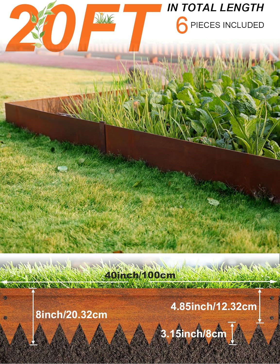 Vinci Landscape Edging Border, 40" L x 8" H 6Pack 20FT Total Rusted Corten Steel Garden Edging with Spikes, Sturdy Elegant Metal Lawn Broder for Flower Beds, Pathways, Paver Edges and Yard
