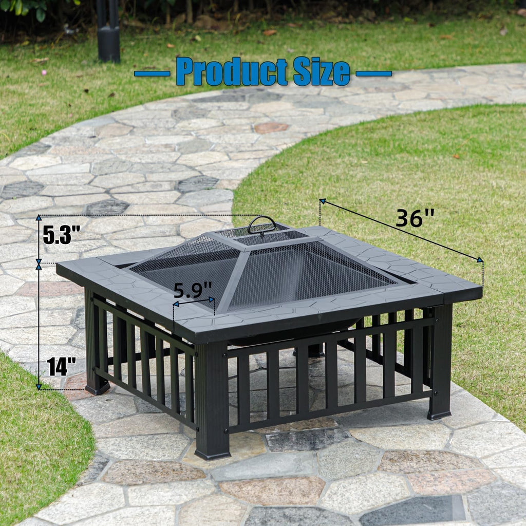 Multifunctional Fire Pit Table 36 inch Square Metal Firepit Stove Backyard Patio Garden Fireplace for Camping, Outdoor Heating, Bonfire and Picnic
