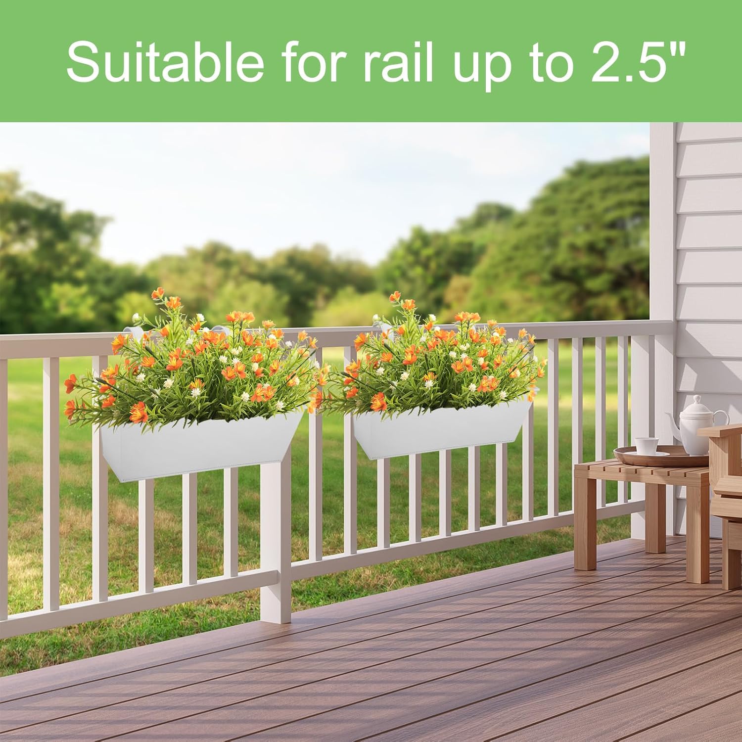 Railing Planters Outdoor Balcony 16 Inch Deck Over The Railing Planter Boxes Hanging Planters for Fence Flower 3 Pcs (White)