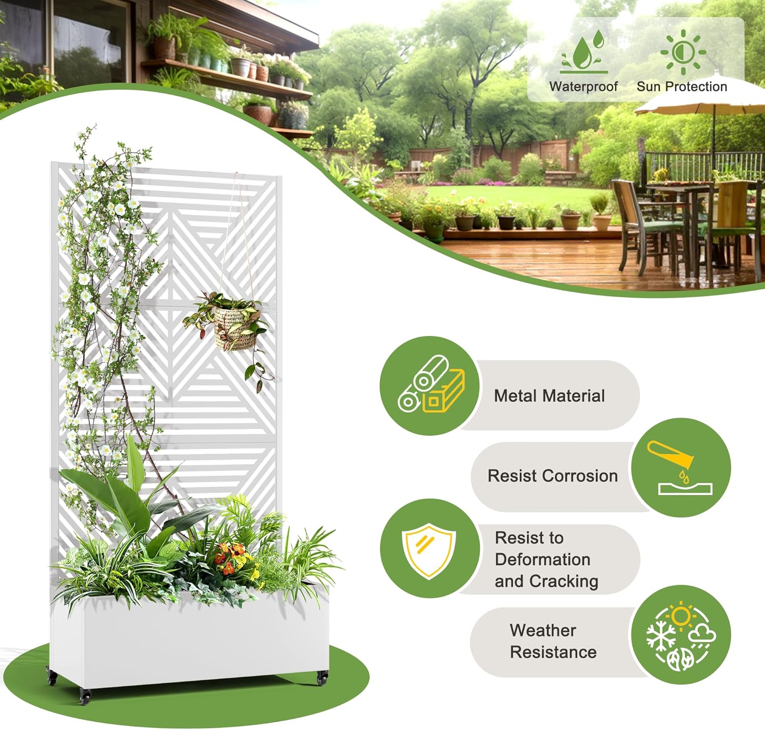 FENCY Metal Raised Garden Bed with Wheels and Trellis,73"x35"x16" Planter Box for Climbing Plants, Vegetables & Vines, Features Privacy Screen and Drainage Holes (White-Modern)