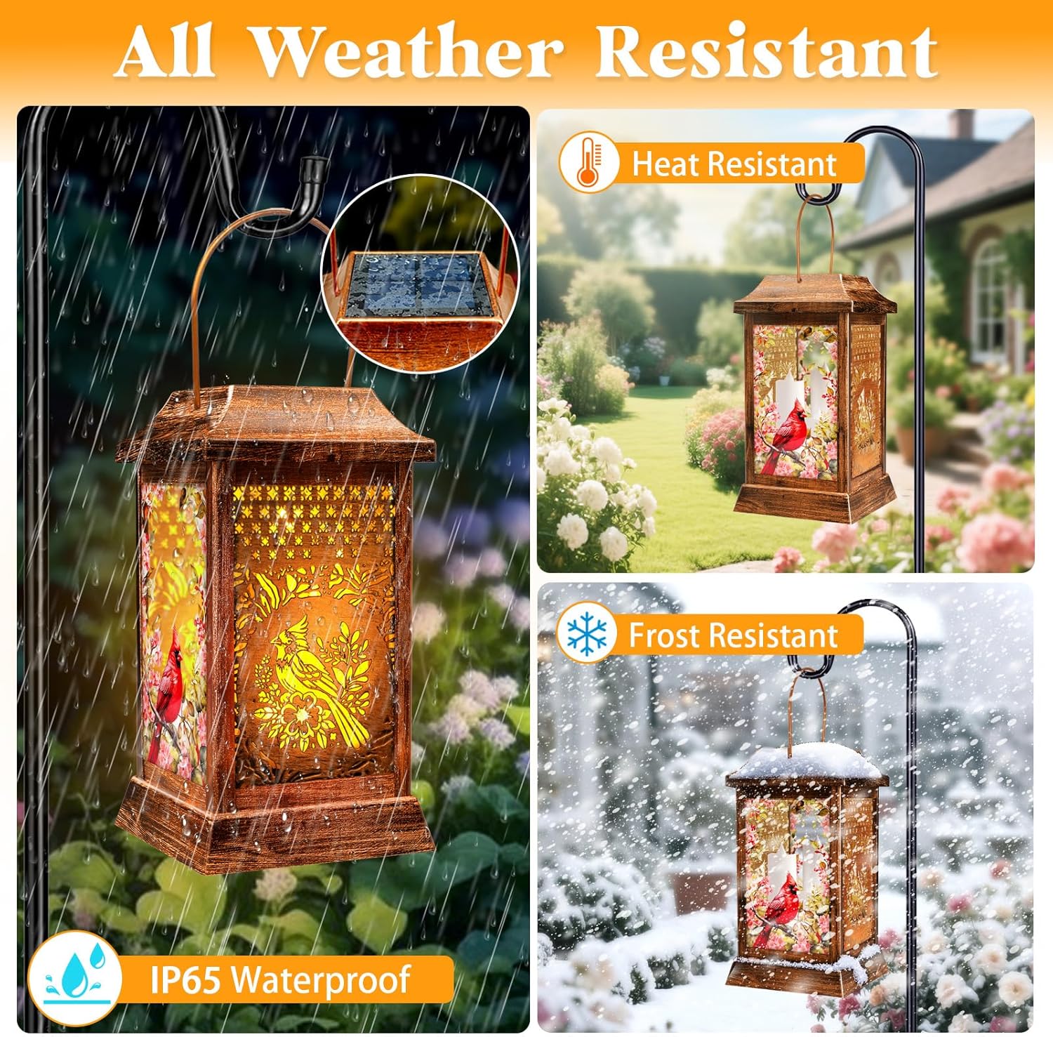 Cardinal Solar Lanterns Outdoor Waterproof, Metal & Glass Hanging Lights Garden Decor, Birthday Gifts for Women Mom Grandma Mothers Day, Decorative Lights for Outside Yard Patio Backyard Porch