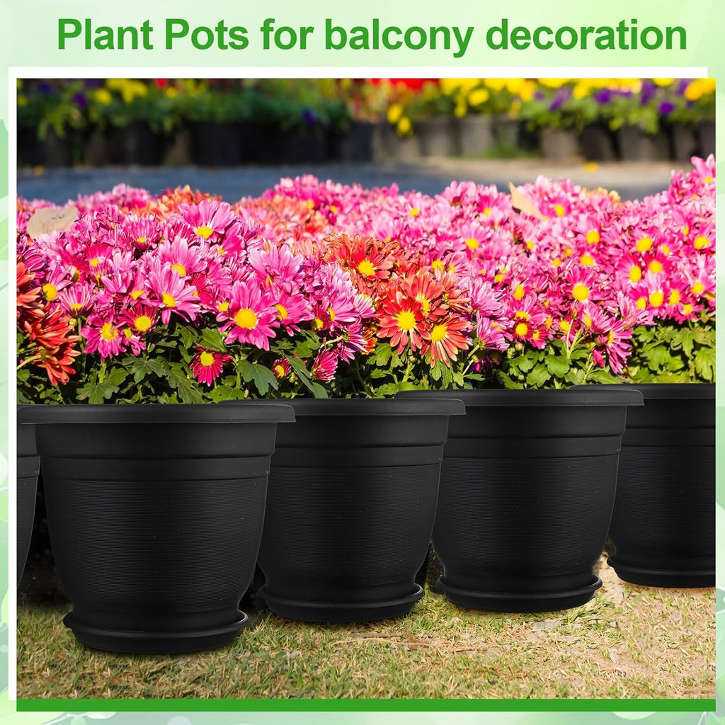 12 Pack Plastic Plant Pots Round Planter Pots with Saucer Tray Seedling Pot Hole Seed Resin Plant Pot Starting Nursery Flower Container with Pallet for Garden Outdoor Indoor (Black,12'')