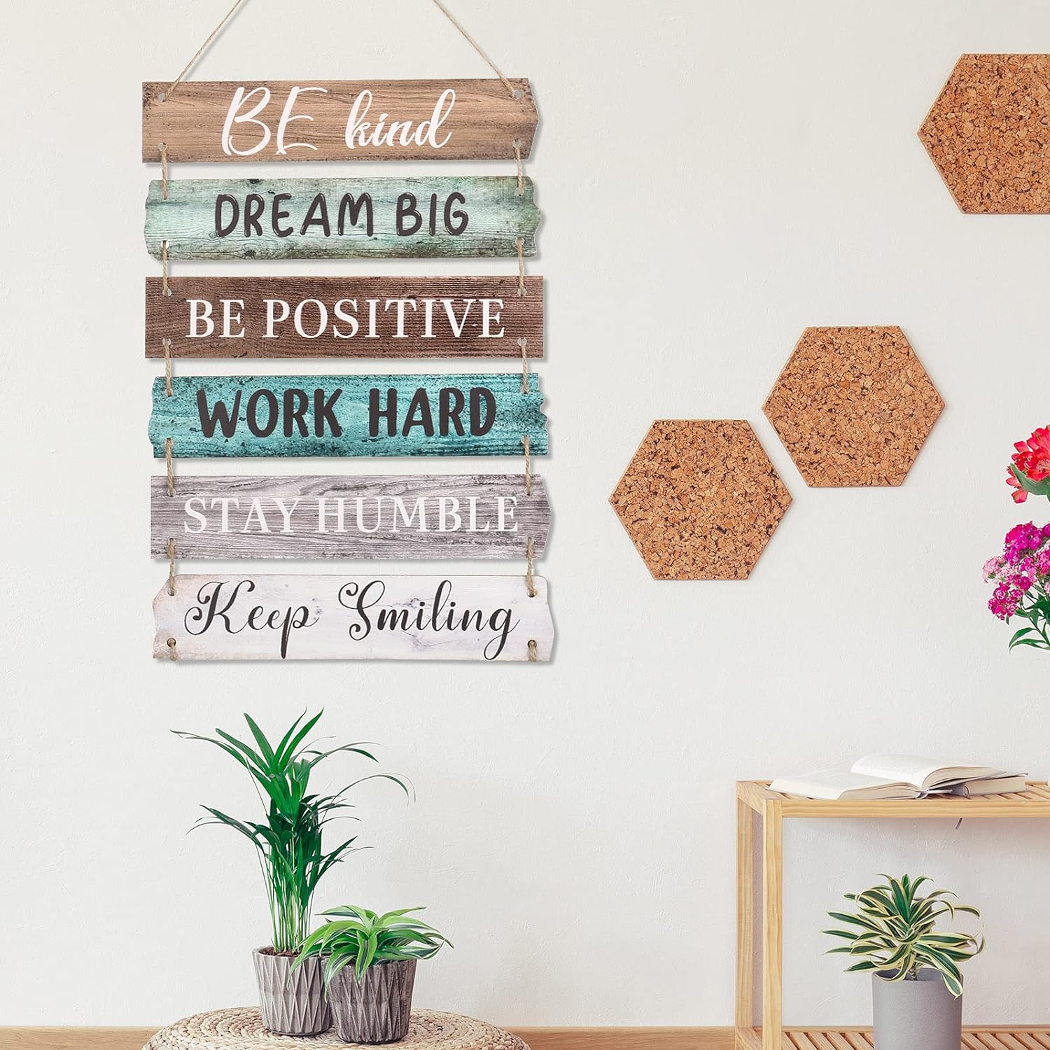 6 Pieces Rustic Wall Hanging Plaque Sign Inspirational Wall Art Farmhouse Wooden Door Signs Positive Plaque with Quotes Motivational Quote Decor for Office Bedroom Living Room(Retro Style)