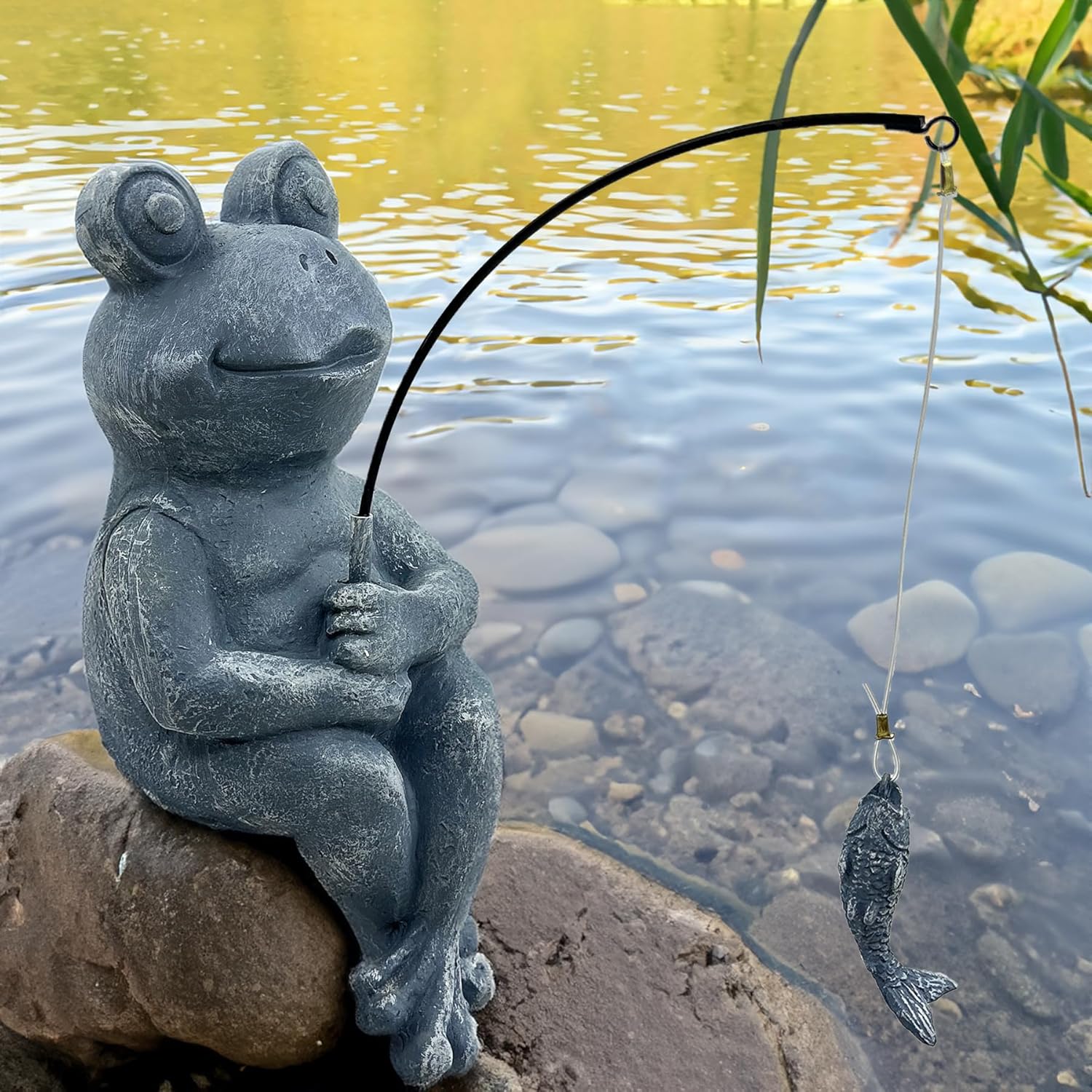 9.5" Fishing Frog Stone Look Sculpture, Whimsical Lawn Yard Art, Funny Garden Pond Fisherman Statue, Resin Animal Decorative Figurine, Ideal for Frog Fishing Lovers