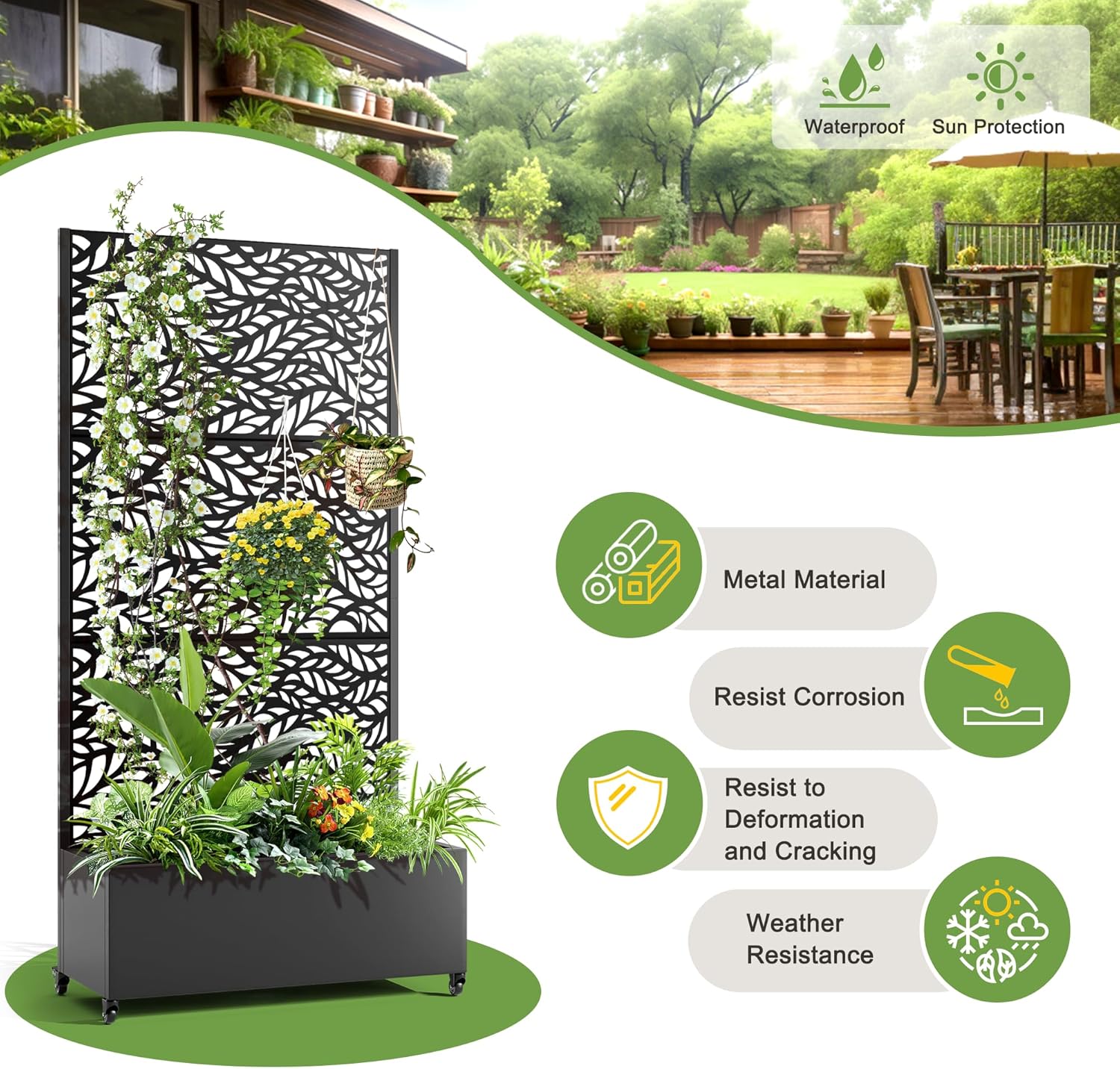 FENCY Metal Raised Garden Bed with Wheels and Trellis,73"x35"x16" Planter Box for Climbing Plants, Vegetables & Vines, Features Privacy Screen and Drainage Holes (Black-Leaf)