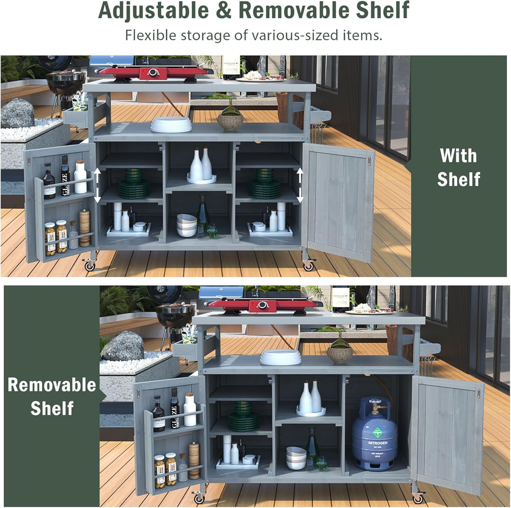 50.25" W Grill Cart with Stainless Steel Tabletop - Outdoor Storage Cabinet for BBQ, Bar Patio Kitchen Island with Ample Storage and Lockable Wheels