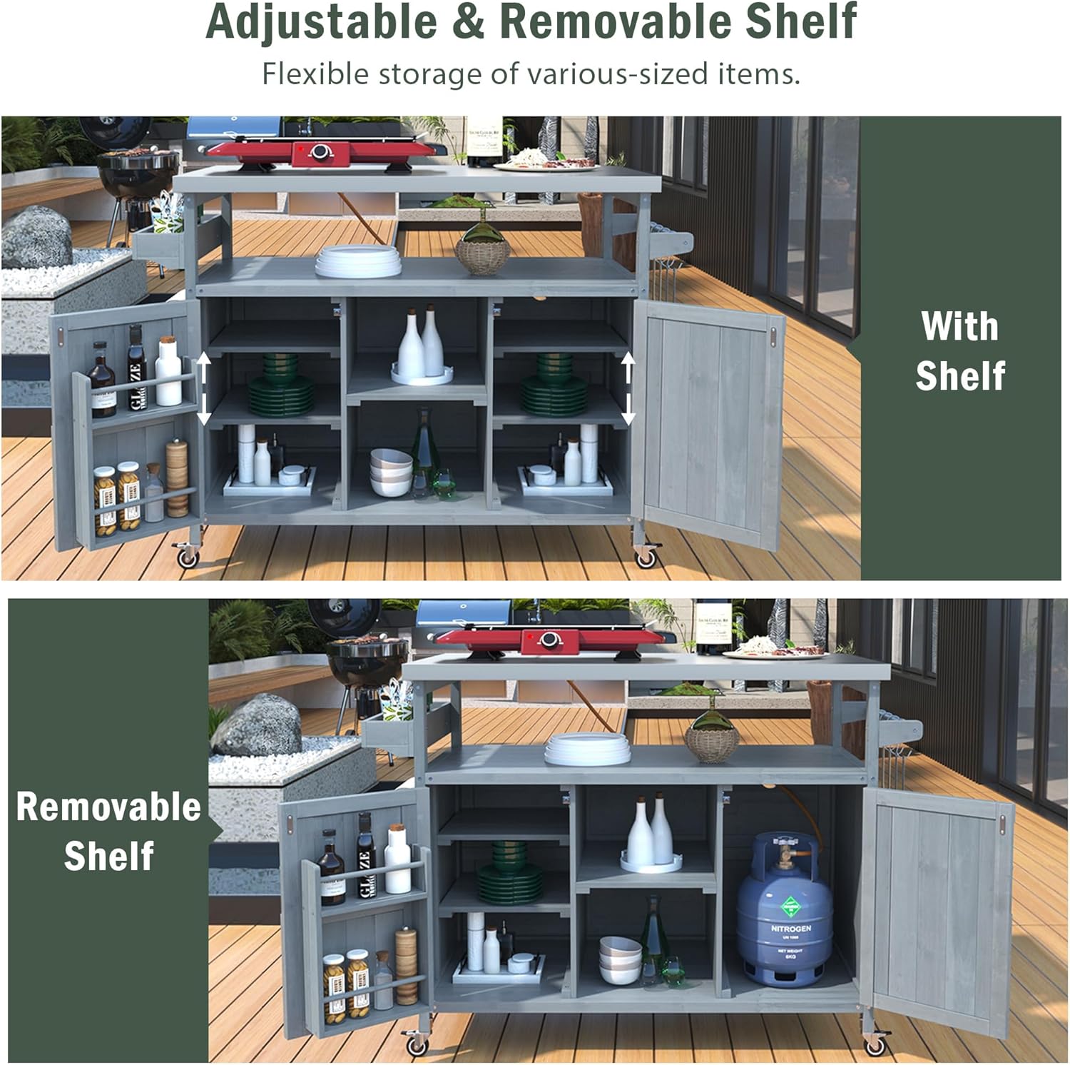 50.25" W Grill Cart with Stainless Steel Tabletop - Outdoor Storage Cabinet for BBQ, Bar Patio Kitchen Island with Ample Storage and Lockable Wheels