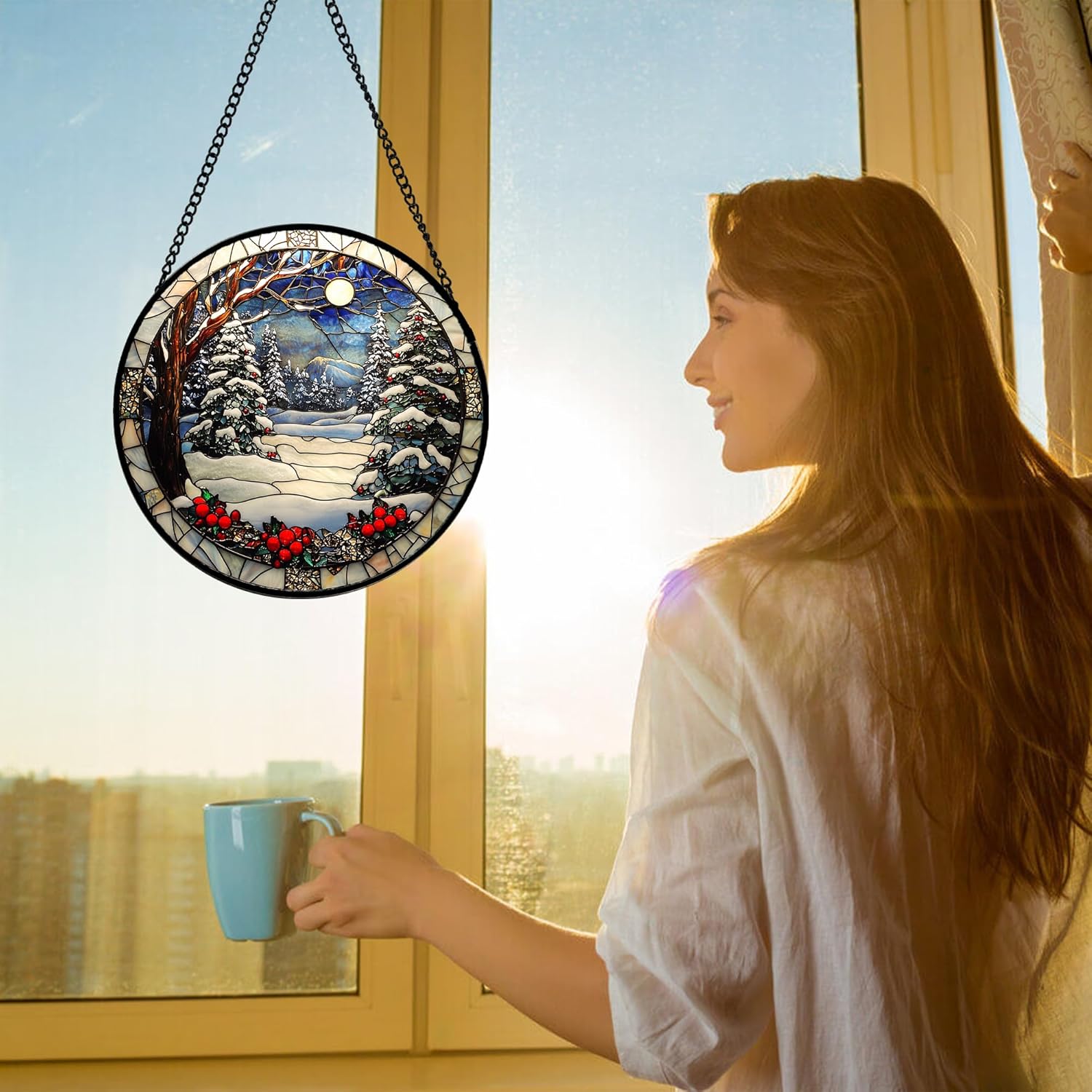 Stained Glass Window Hanging Christmas Tree Winter Snow Night Scenery Large 11.8" - Suncatcher Door Garden Kitchen Sun Catcher Home Decor Birthday for Mom Men Woman Friend