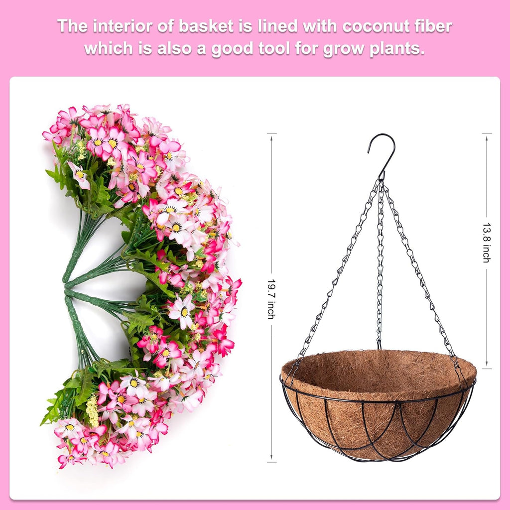 Artificial Silk Flowers Hanging Baskets Outdoors Indoors,Chrysanthemum with Eucalyptus Leaves Arrangement for Garden Yard Spring Summer Decor,Faux Plant in Metal Coconut Lining Flowerpot(Pink)