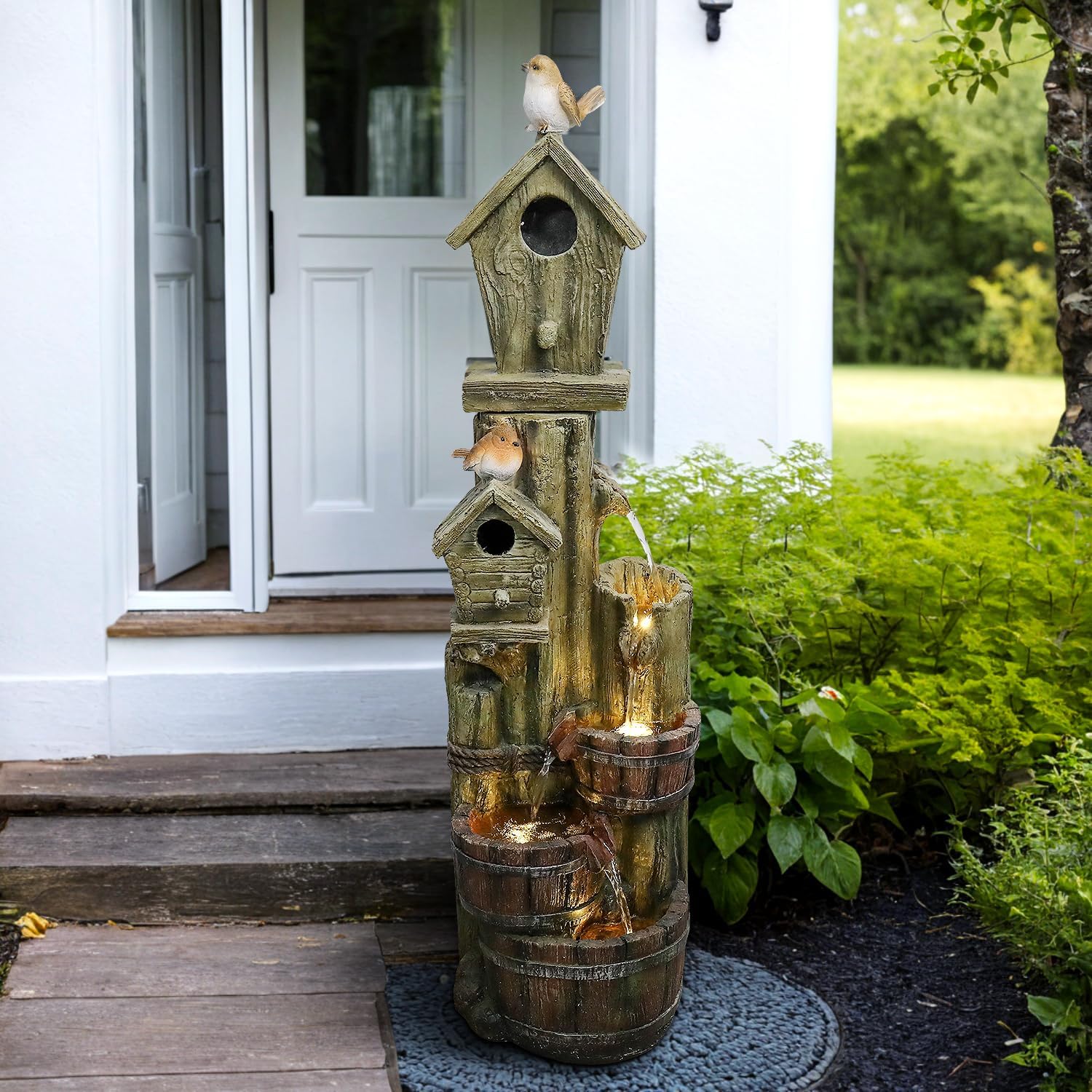 Outdoor Water Fountain with Birdhouse, 39.3inches Rustic Outdoor Water Fountains - Outdoor Cascading Waterfall with Decorative Birds & Buckets, Pump & Lights for Backyard Patio Decor