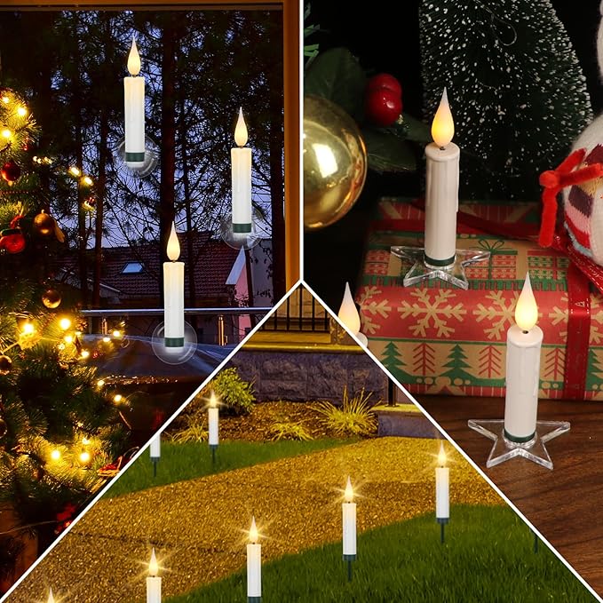 DRomance Christmas Tree Flameless Taper Candle Lights Battery Operated with 10-Key Remote and Timer, 10 Pack Plastic 3D Wick Flickering LED Taper Candles Multi-Using Home Garden Holiday Decor 3.4"