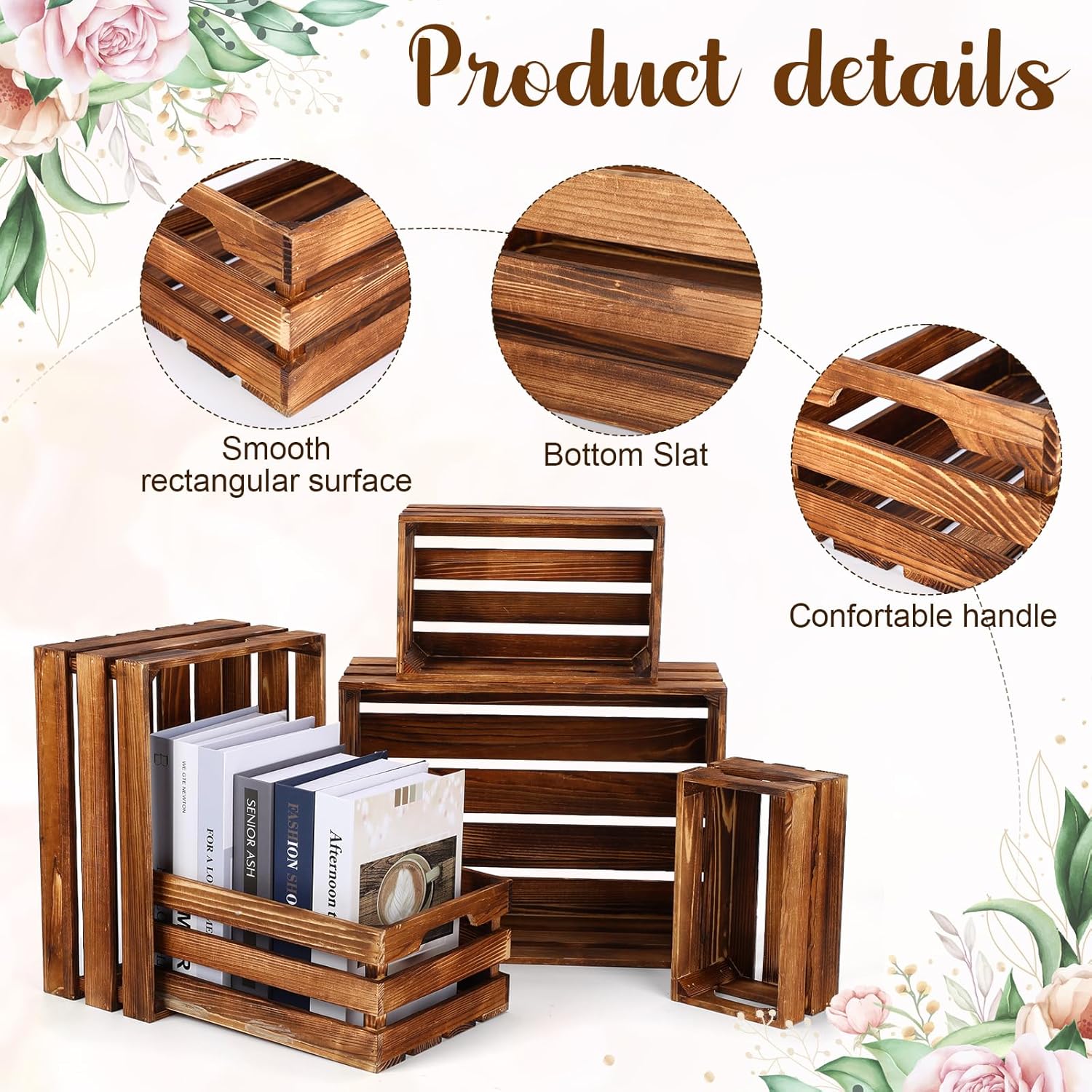 Soaoo 5 Pcs Decorative Nesting Wooden Crates for Storage Display 5 Size Large Small Rustic Wood Decorative Storage Crates with Handle Farmhouse Crate Box Container Made from Pine(Vintage Brown)