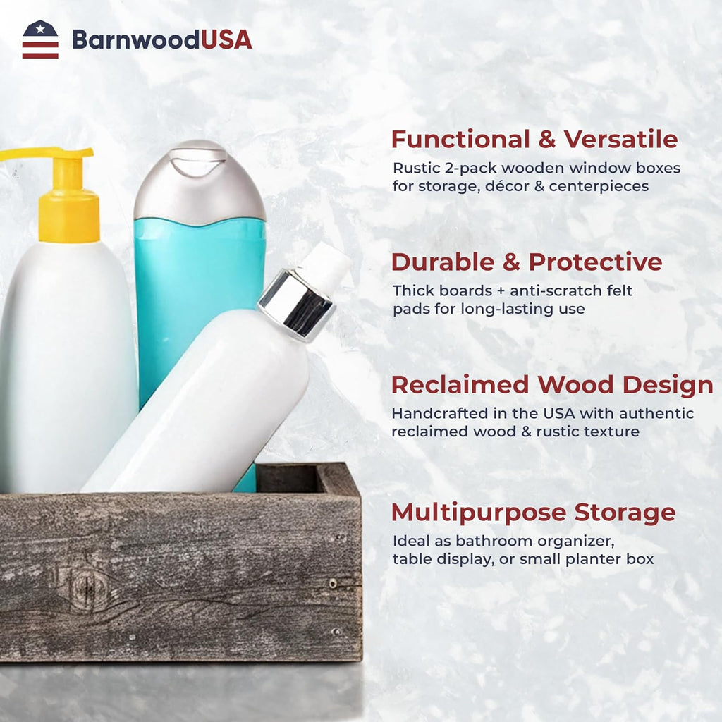 Small Wooden Planter Box – Rustic 2-Pack Wood Window Planter Box Set for Centerpieces & Storage – Durable Wooden Boxes for Decor - Perfect Toilet Basket for Bathroom Organizer