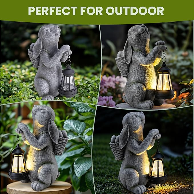 Solar Garden Outdoor Statues Rabbit with Solar Lantern,Outdoor Bunny Figurines Decorations,Lawn Decor Bunny Statue for Patio, Balcony, Yard Ornament,Unique Housewarming and Easter Gifts