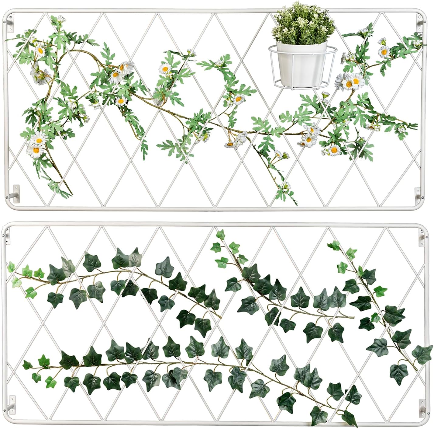 MyGift 50 by 24 Inch Wall Mounted Garden Trellis with White Metal Diamond Screen, Hanging Lattice Support Frame for Outdoor or Indoor Climbing Plant Vines, Set of 2 Panels
