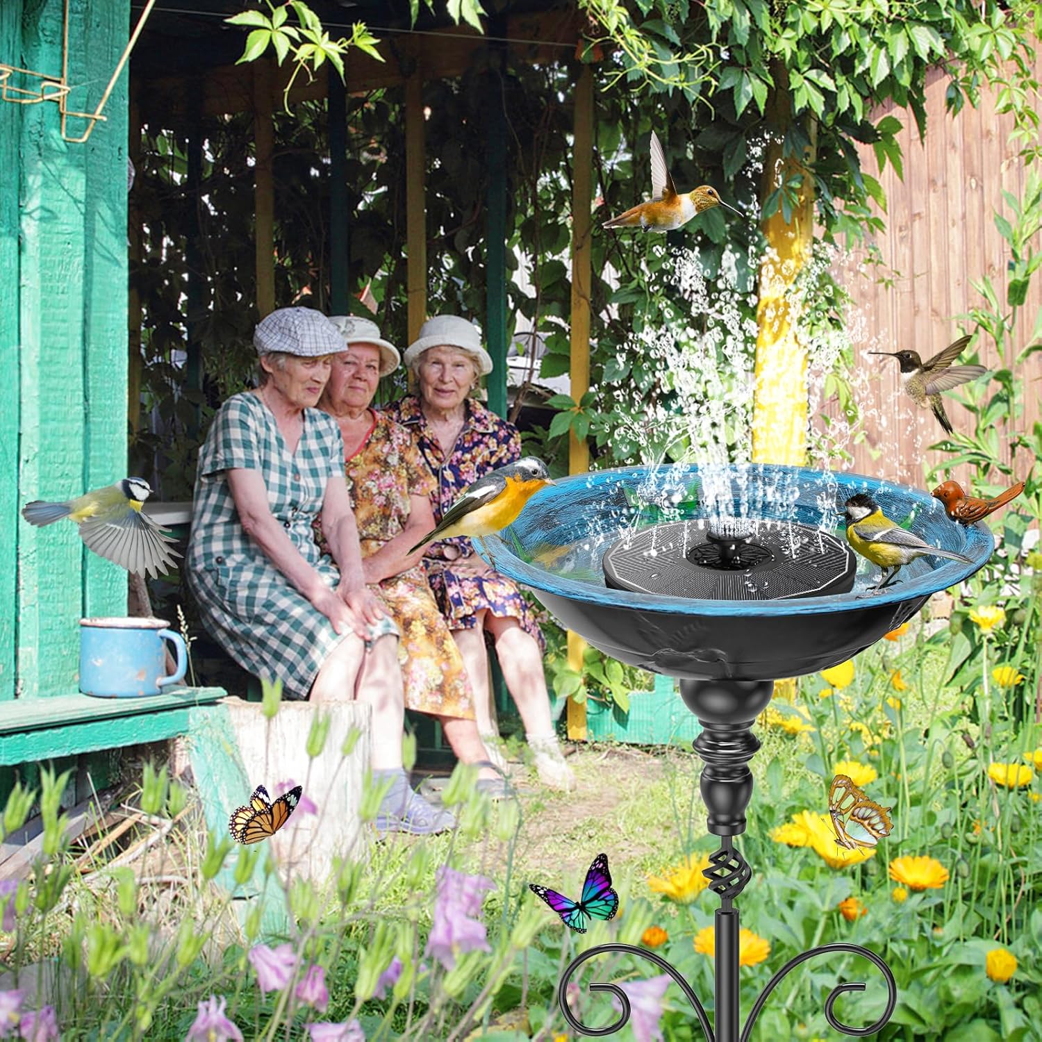 35.4" Tall Bird Bath for Outside, Vintage Metal Birdbaths Bowl with 5 Prong Bases for Outdoors, Freestanding Birdfeeder with Hummingbird Carving for Garden Yard Lawn Decor (Retro Blue)