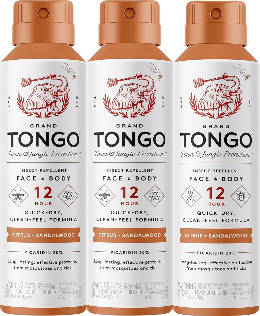 Citrus + Sandalwood Insect Repellent, 12-Hour Mosquito & Tick Protection, Picaridin-Based, Water-Based, Lightweight, Quick-Drying, Vanishing Scent, DEET Alternative, Face & Body Use,3 Pack