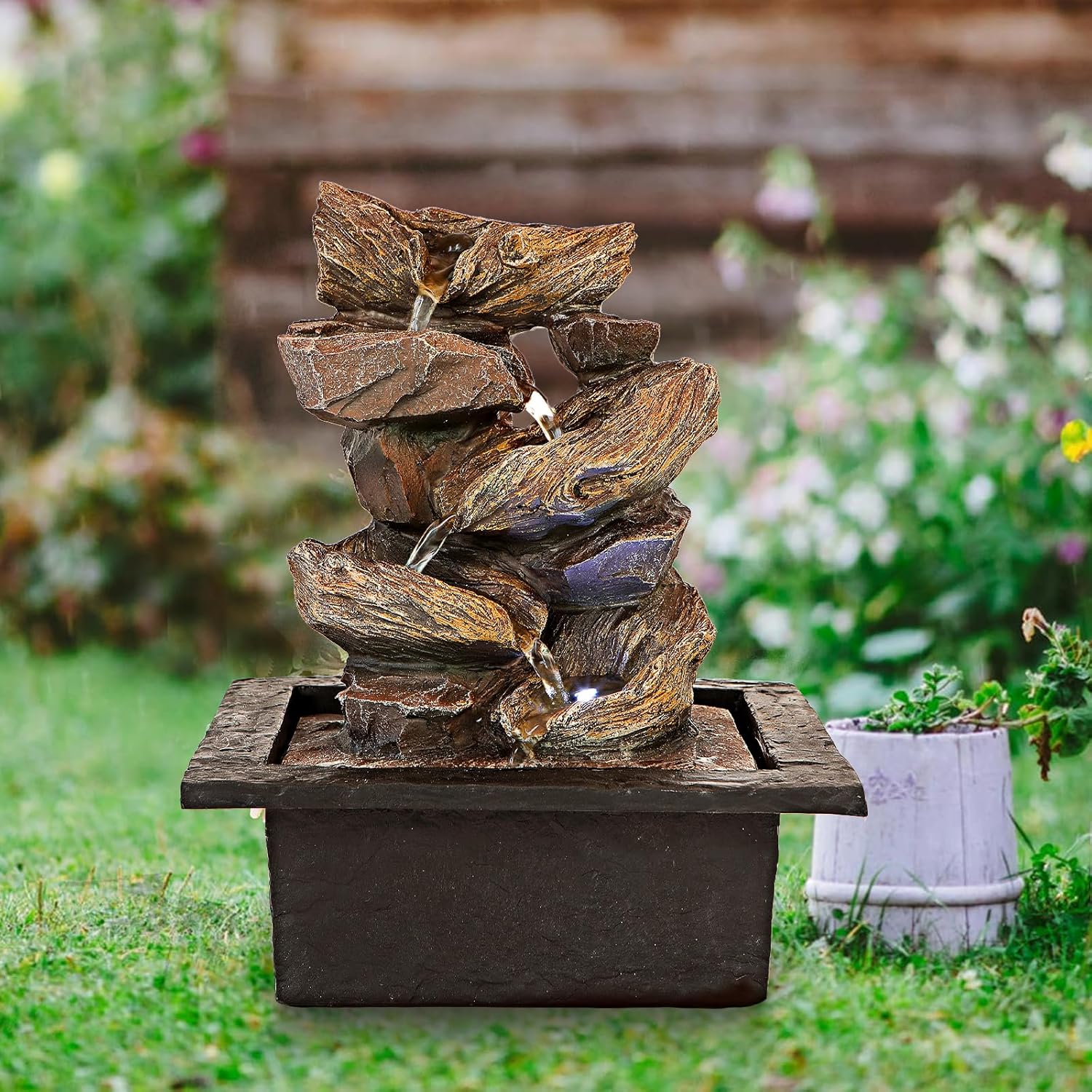 Father'sDen Collection 11-inch Waterfall Fountain Indoor - Tabletop Water Fountain - Indoor Fountains and Waterfalls with Soothing Sounds & In-Pot LED Light Enhancement