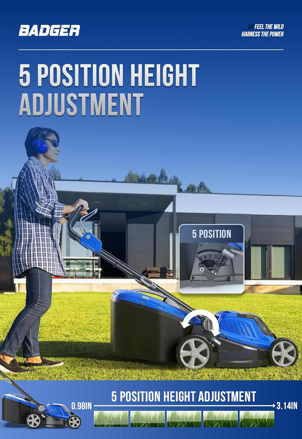 WILD BADGER POWER Lawn Mower 40V Brushless 16" Cordless, 5 Cutting Height Adjustments, Electric Lawn Mower, Quickly Folding Within 5’s, 20V*2 4.0AH Battery and Super Charger Included.